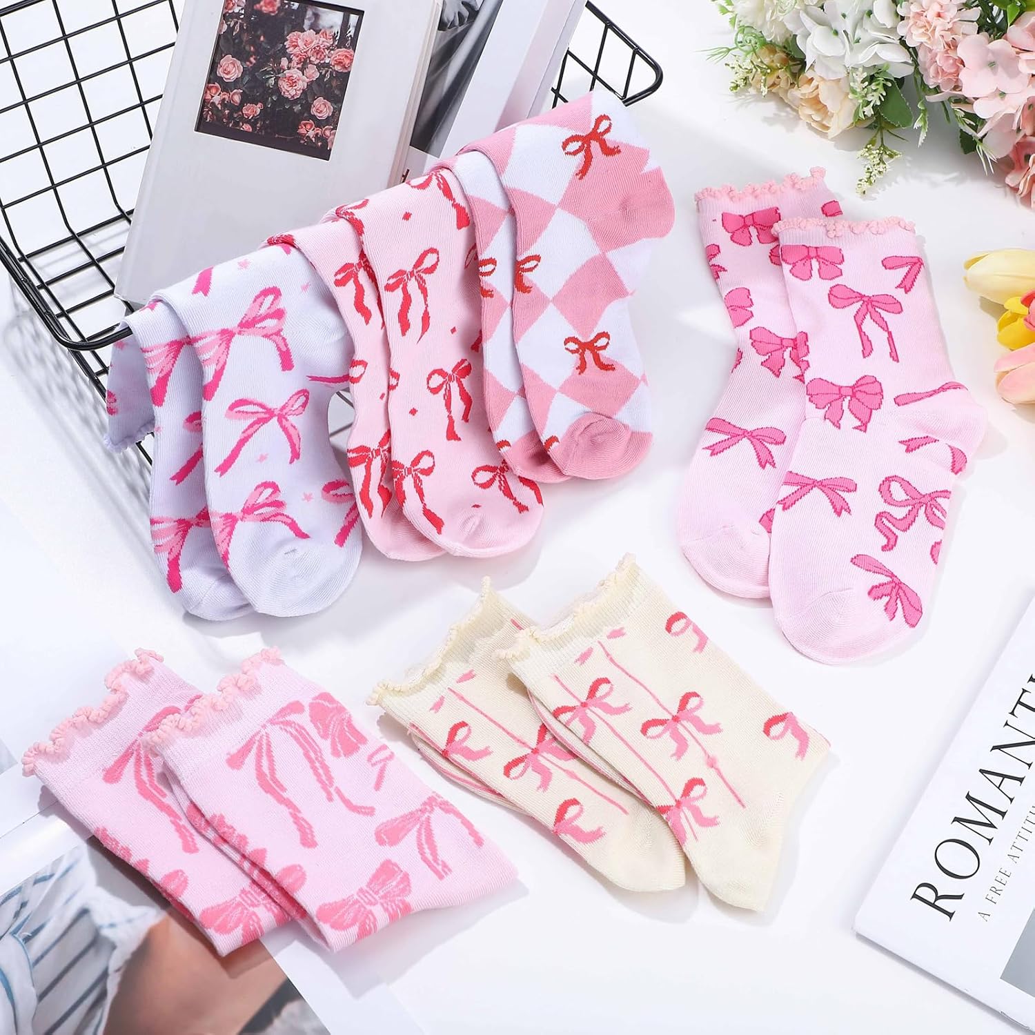 Jadive Valentine's Day Coquette Pink Bow Socks Pink Bow Women's Inspired Socks Ornament for Birthday Decor Gift - Image 3