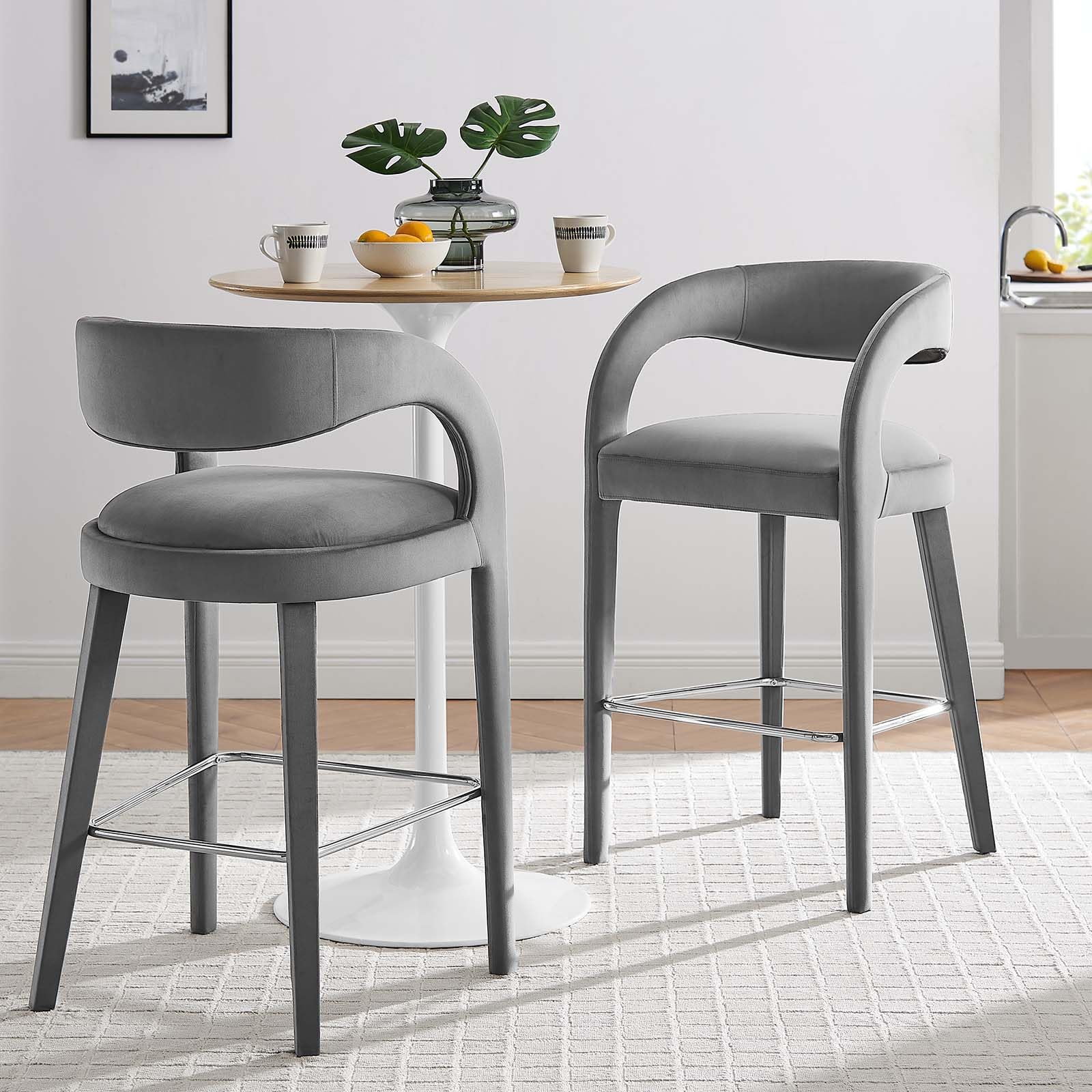 Modway EEI-6569-GRY-SLV Pinnacle Performance Velvet Bar Stool Set of Two, Gray Silver
