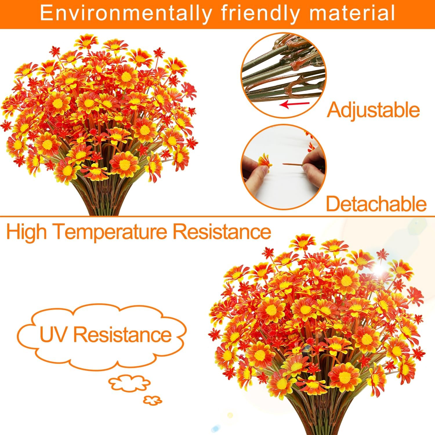 8 Bundles Artificial Daisy Flowers for Outdoors Spring Decor, UV Resistant Faux Cemetery Flowers Plastic Greenery Shrub Fake Flowers Plants Home Gardens Porch Planter Indoor Summer Fall Decor(Orange) - Image 3