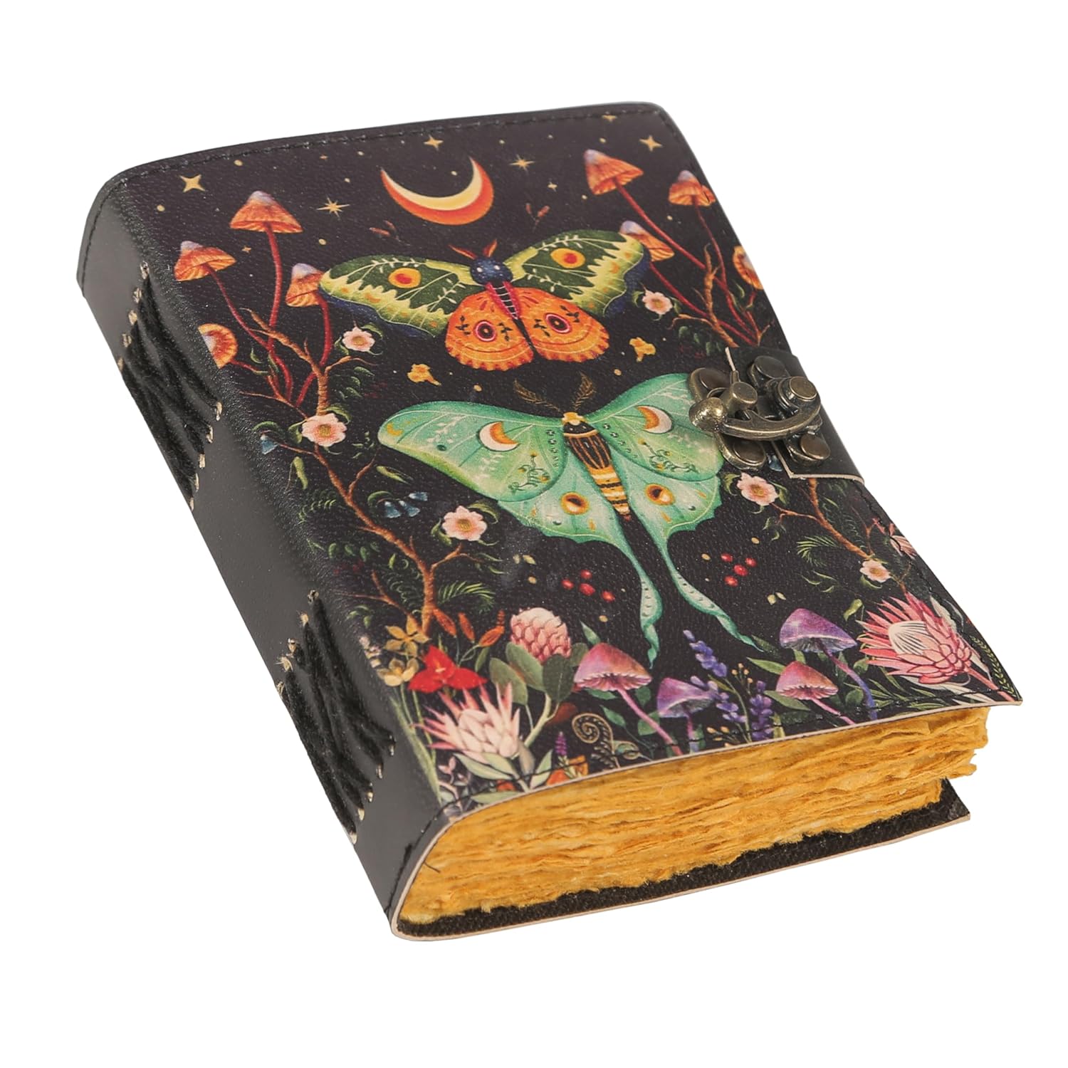 Blank Spell Book of Shadows Journal with Lock Clasp Vintage Handmade Leather Luna Moths and Morpho Butterfly Print Diary Prayer Pagan Witchcraft Supplies Wiccan Decor Notebook Daily (8x6)      Office Product