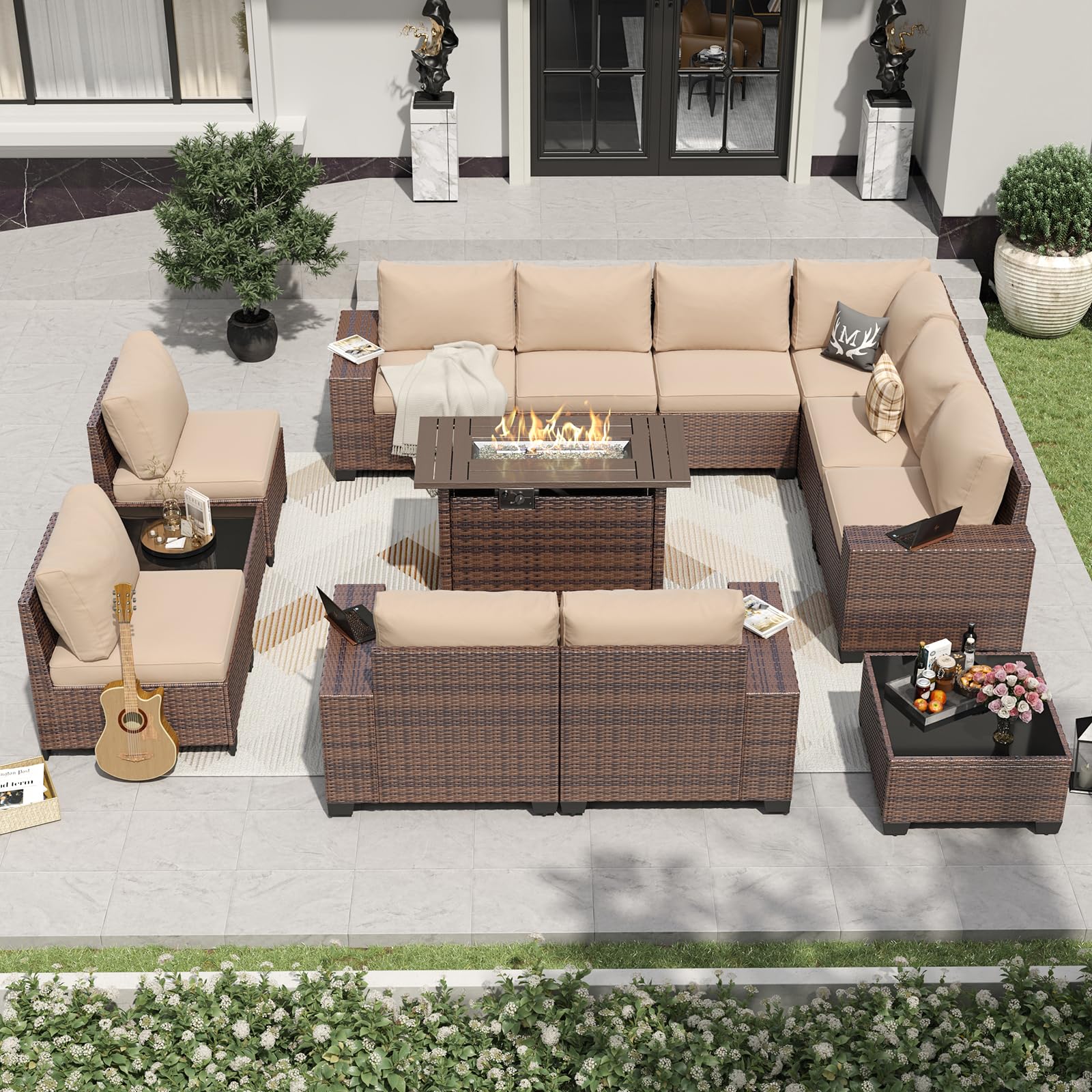 Aoxun 13 Pieces Patio Furniture Set with 44” Fire Pit Table Wicker Rattan Outdoor Sectional Conversation Set with Coffee Table and 4” Thickened