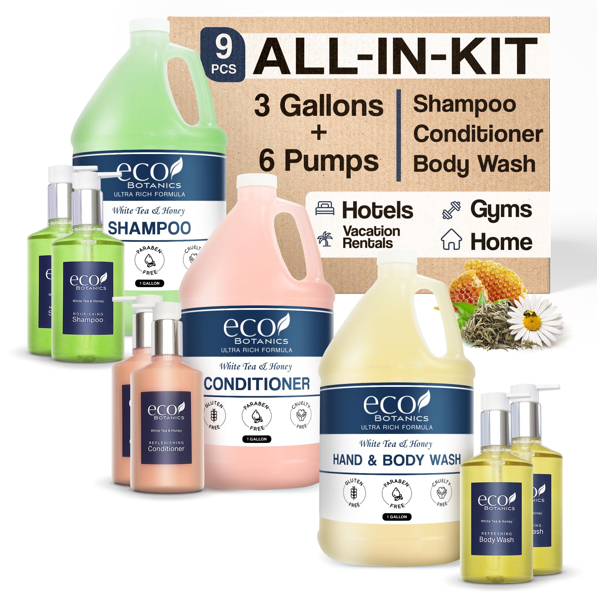 - Terra Pure | Eco Botanics Gallon & Dispenser Set | 1-Shoppe Hotel Amenities Kit | Shampoo, Conditioner, Body Wash Gallon | Refillable 10.14oz Matching Pump Bottles