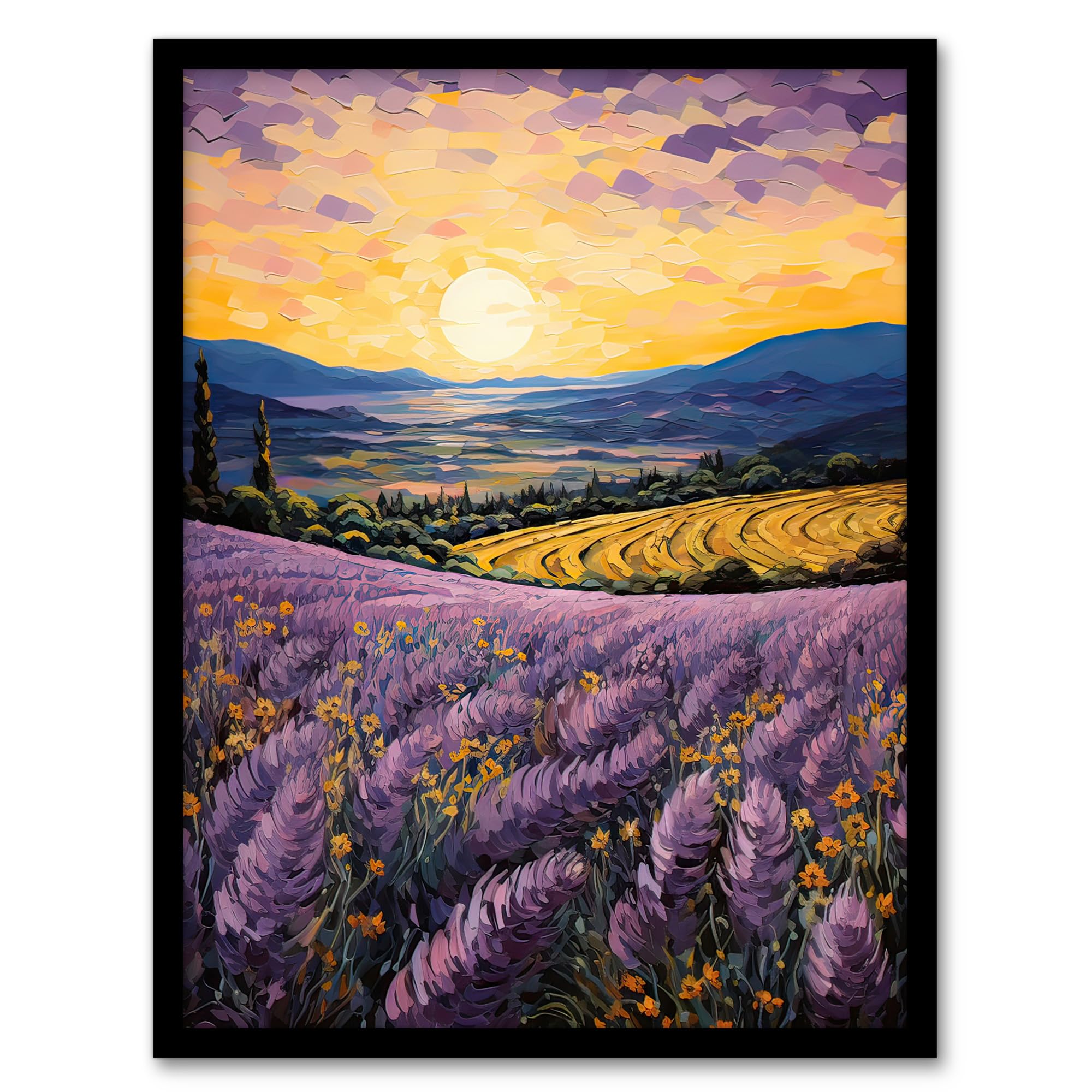 Artery8 Serene Lavender Fields at Sunrise Scenic Landscape Artwork Framed Wall Art Print A4