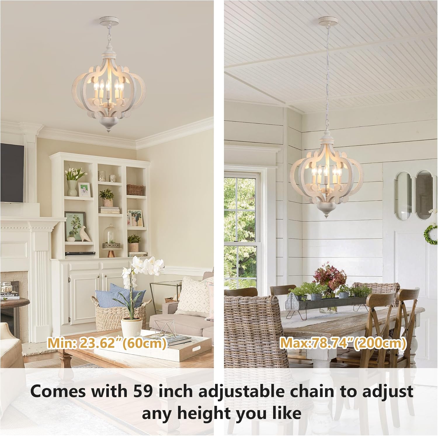 White Farmhouse Chandelier for Dining Room- 5 Light Modern Pendant French Country Light Fixture, Rustic Wood Hanging Lights for Kitchen Island Living Room Bedroom Entryway