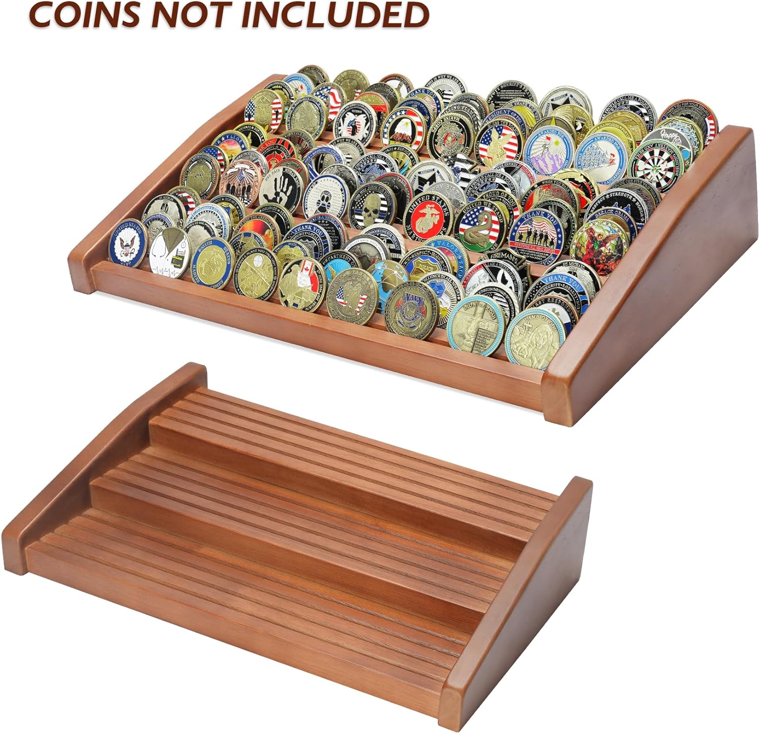 ASmileIndeep 12 Rows Solid Wood Military Challenge Coin Display Stand Holds 90-100 Coins Army Coin Holder Display Police Coin Rack for Countertop, Walnut
