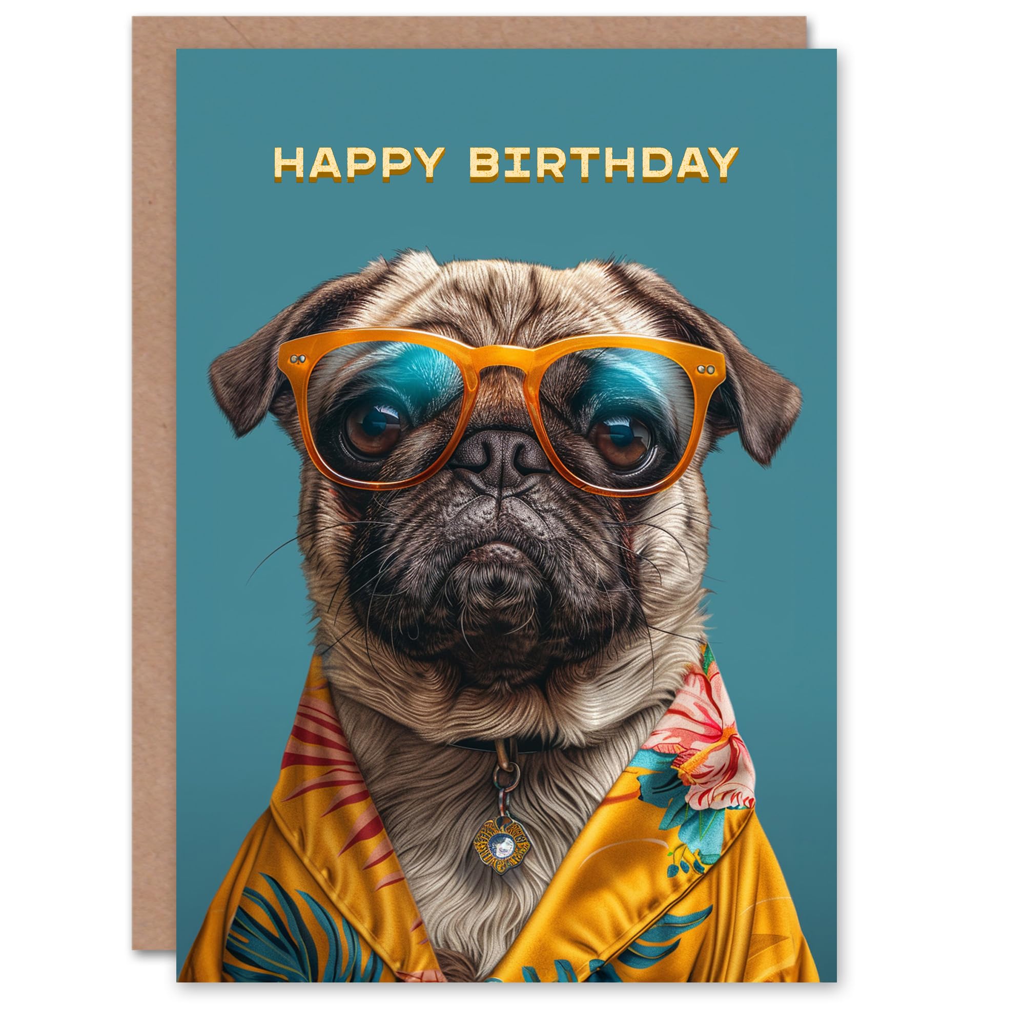 Artery8 Birthday Card Hawaiian Shirt Pug Dog Lover Fun Portrait For Him Man Male Dad Brother Son Papa Grandad Greeting Card