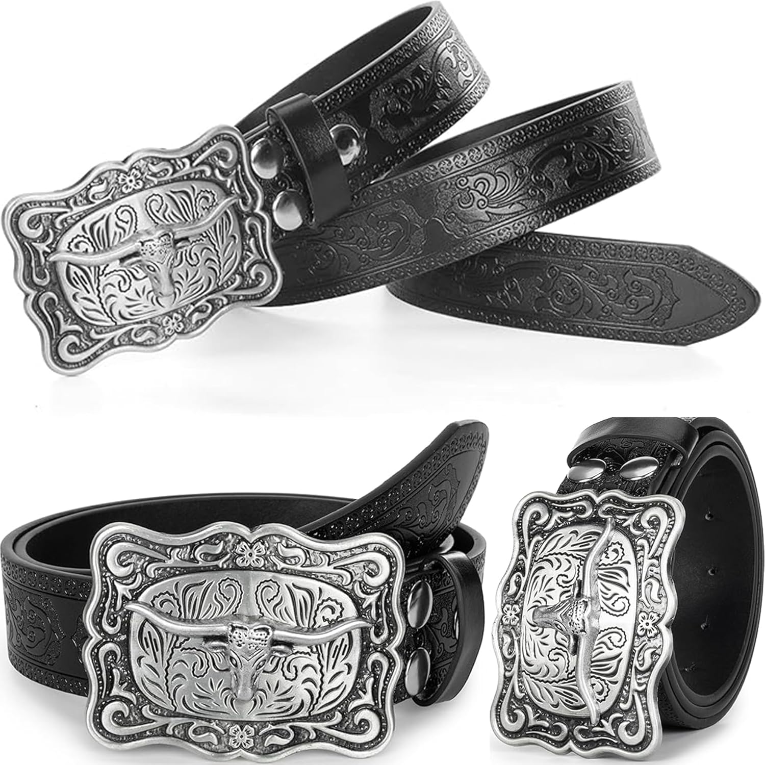 IZUS Men's Retro Western Cowboy PU Leather Belt Longhorn Buckle Decoration Floral Engraved for Jeans - Image 3