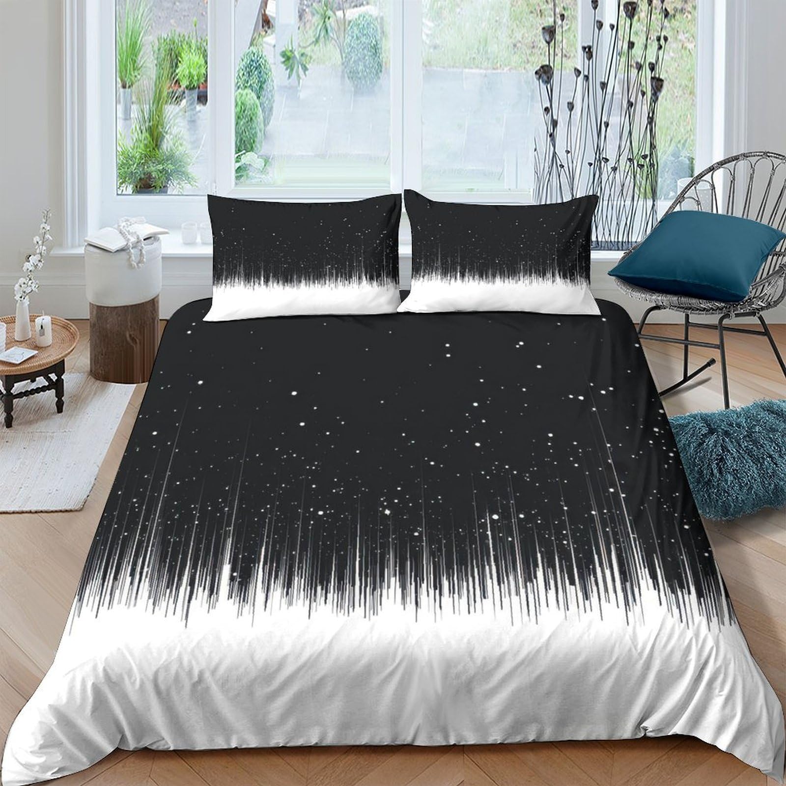 GPLZQXKJNH 3D Printed Black White Ombre Duvet Cover Microfiber Soft Breathable Starry Gradient Bedding Set with 2 Pillowcases for Bedroom Decor Single（135x200cm）