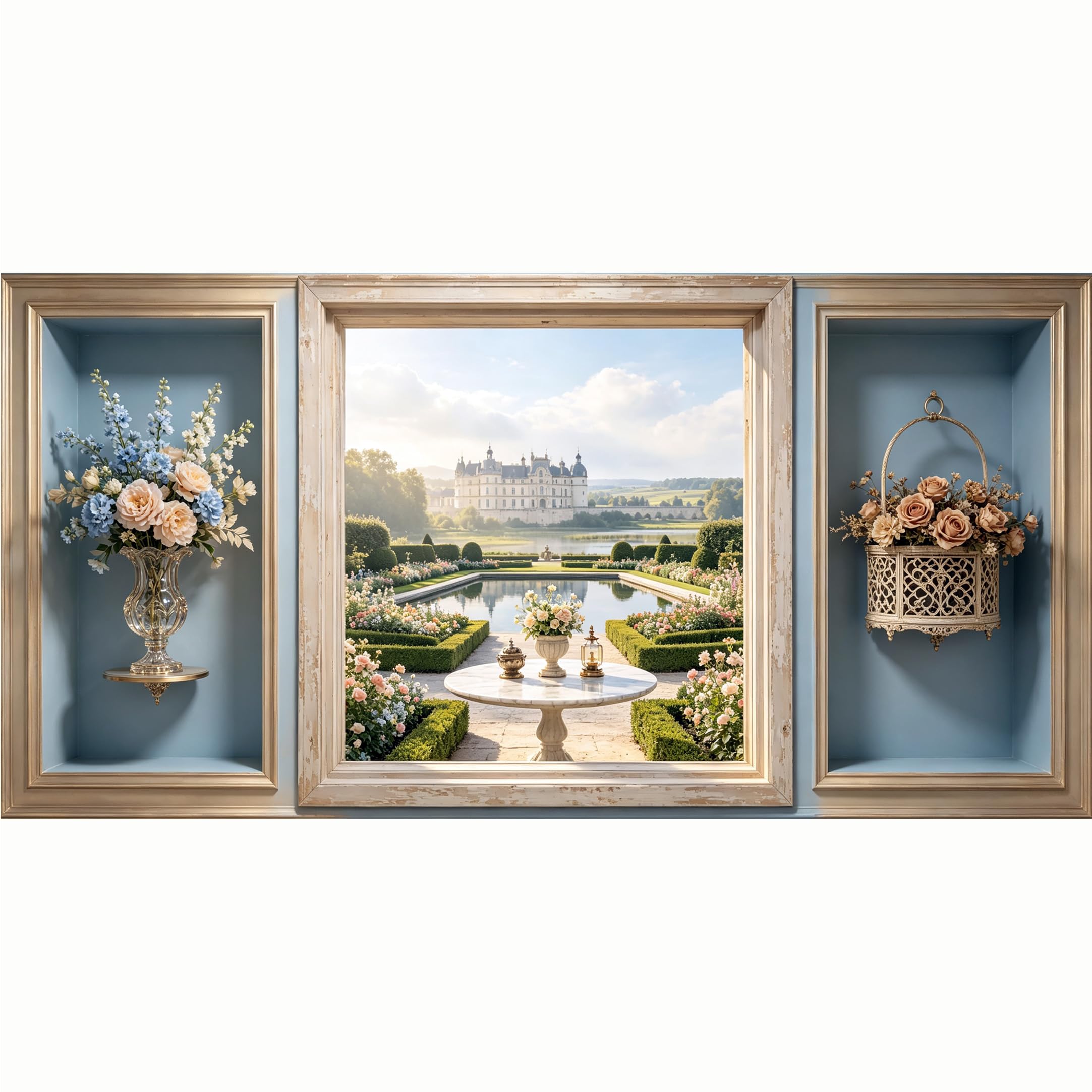 QZLITHOTIC 50x100cm 3D Framed Wall Art， French Chateau Landscape Floral Garden Self‑Adhesive Mural， Water‑Activated Peel & Stick Fabric Decor Wall Decal for Bedroom Living Room