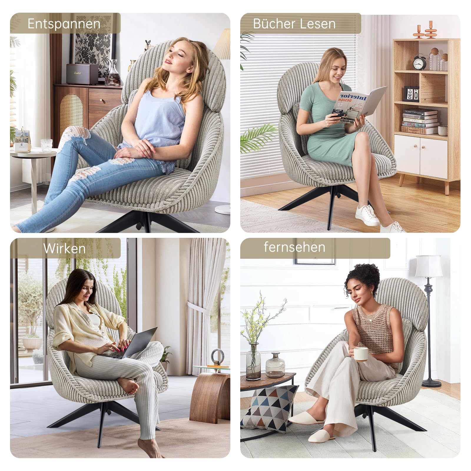 Loungesessel Sessel Wohnzimmer 360°Drehbar, Ohrensessel Armlehnstuhl Polsterstuhl mit dickem Abnehmbares Wurfkissen, Relaxsessel Lesesessel für Wohnzimmer Schlafzimmer Büro