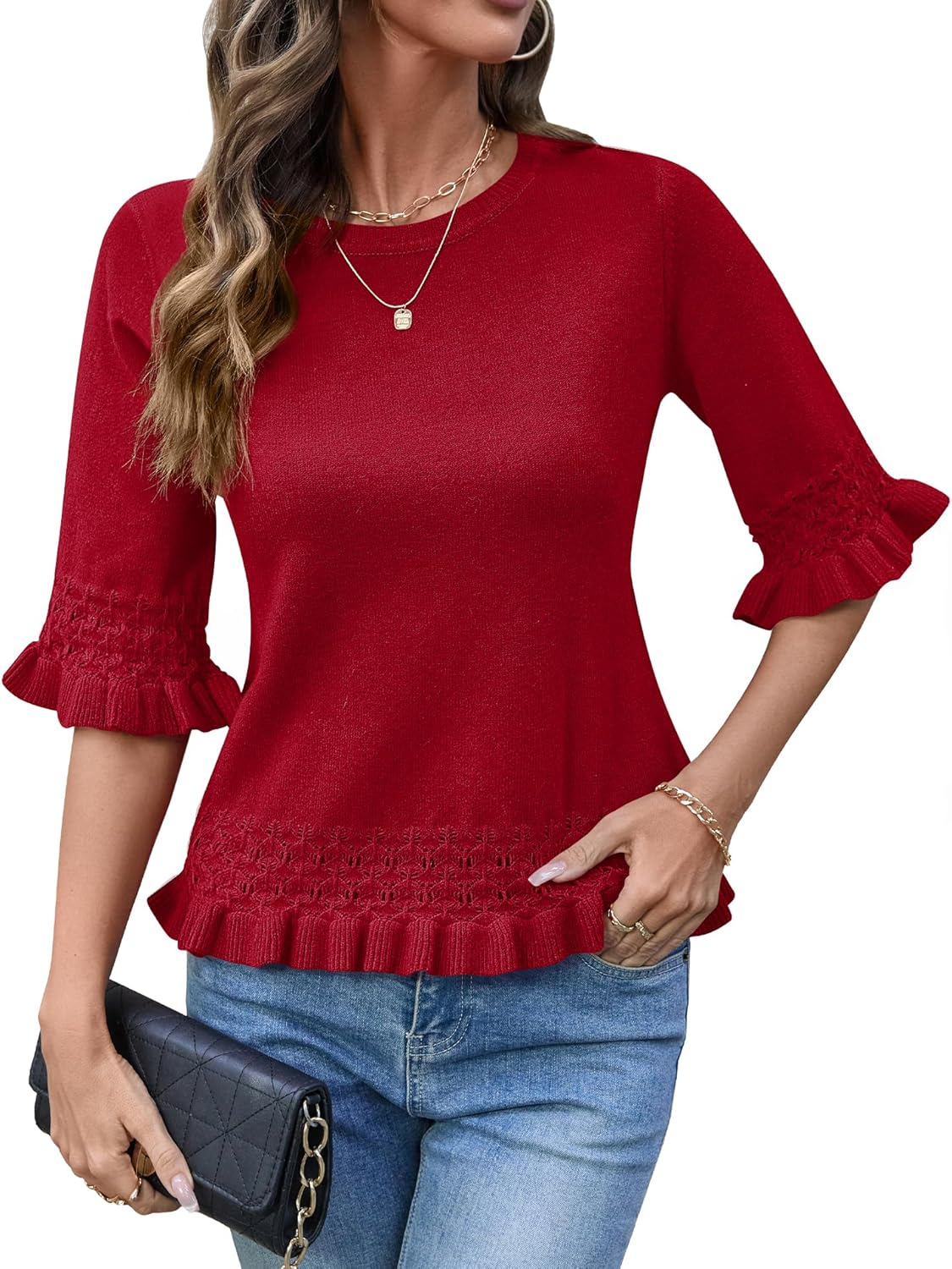 AKEWEI Womens 3/4 Sleeve Sweater Crewneck Knit Peplum Tops Lightweight Casual Pullover Cropped Sweaters