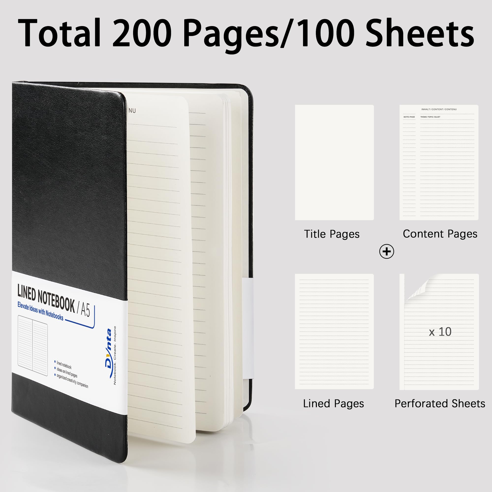 Dynta A5 liniertes Tagebuch, 6 Stück, schwarzes PU-Leder, Hardcover-Notizbuch, 100 g/m² dickes Papier, 200 Seiten (100 Blatt), Büro, Arbeit, Business, Notizbuch mit Inhaltsverzeichnis und Rückentasche