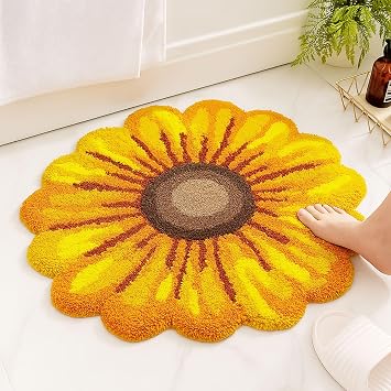 Yellow Flowers Bath Rug, Floral Mat for Bathroom Cute Plant Non-Slip Floor Mats, Sunflower Washable Microfiber Flower Carpet for Living Room Home Fast Dry Area Rug