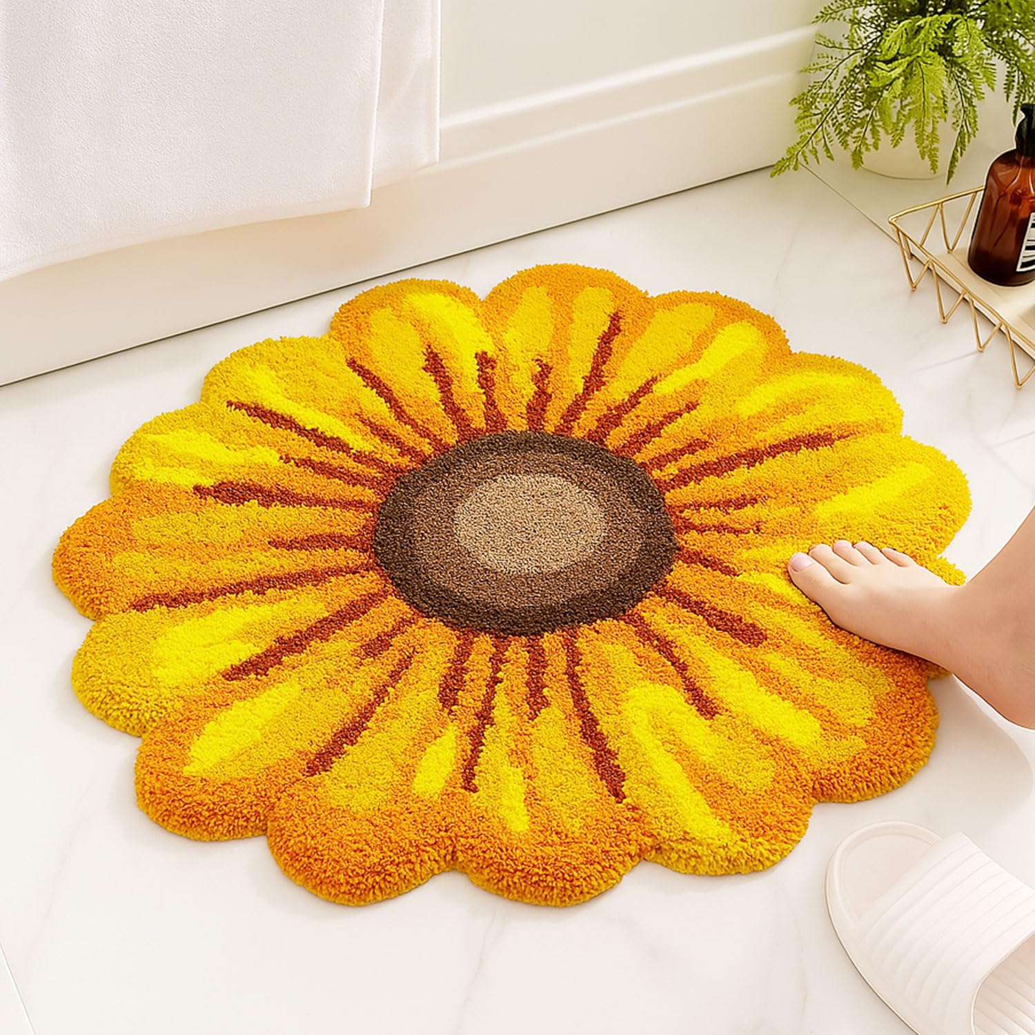 Feblilac Yellow Flowers Bath Rug, Floral Mat for Bathroom Cute Plant Non-Slip Floor Mats, Sunflower Washable Microfiber Flower Carpet for Living Room