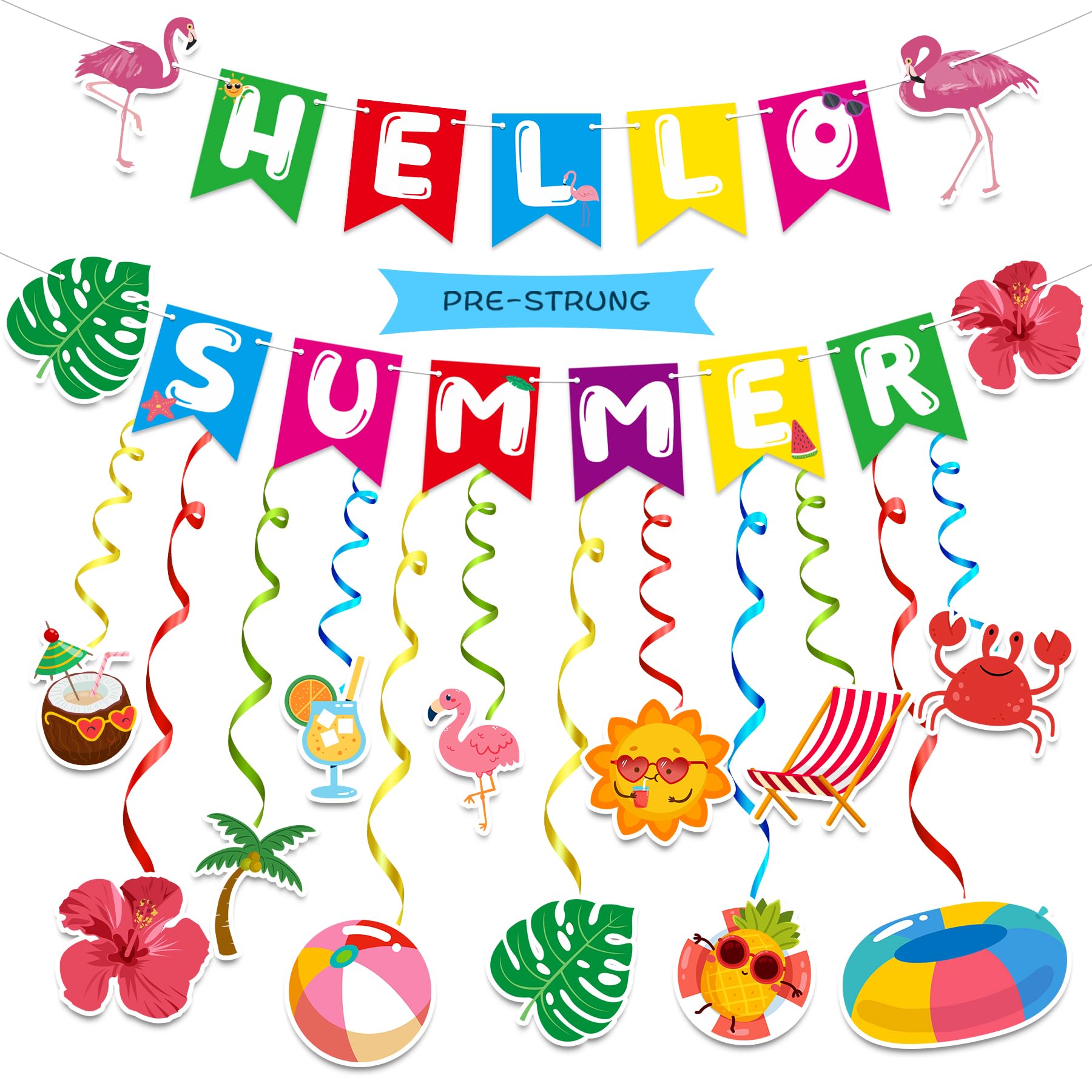 Hello Summer Banner, Hawaiian Luau Party Decorations Summer Beach Hanging Streams for Pool Party Supplies, Colorful