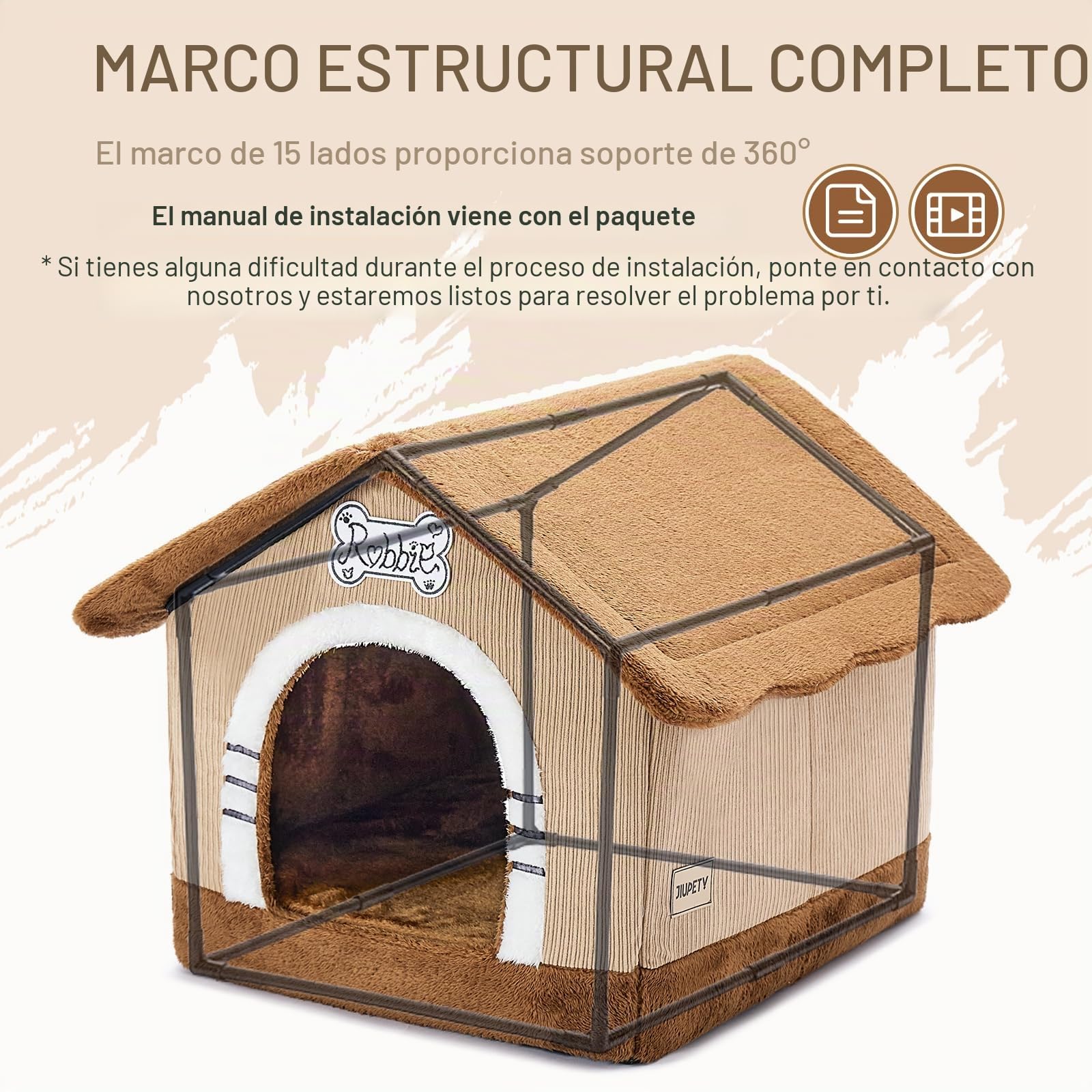Jiupety Caseta de perro para interior con marco, cama grande de cueva para perros, aislada y acogedora, adecuada para 11-27 kg, grande Plus (76 cm × 66 cm × 64 cm), marrón