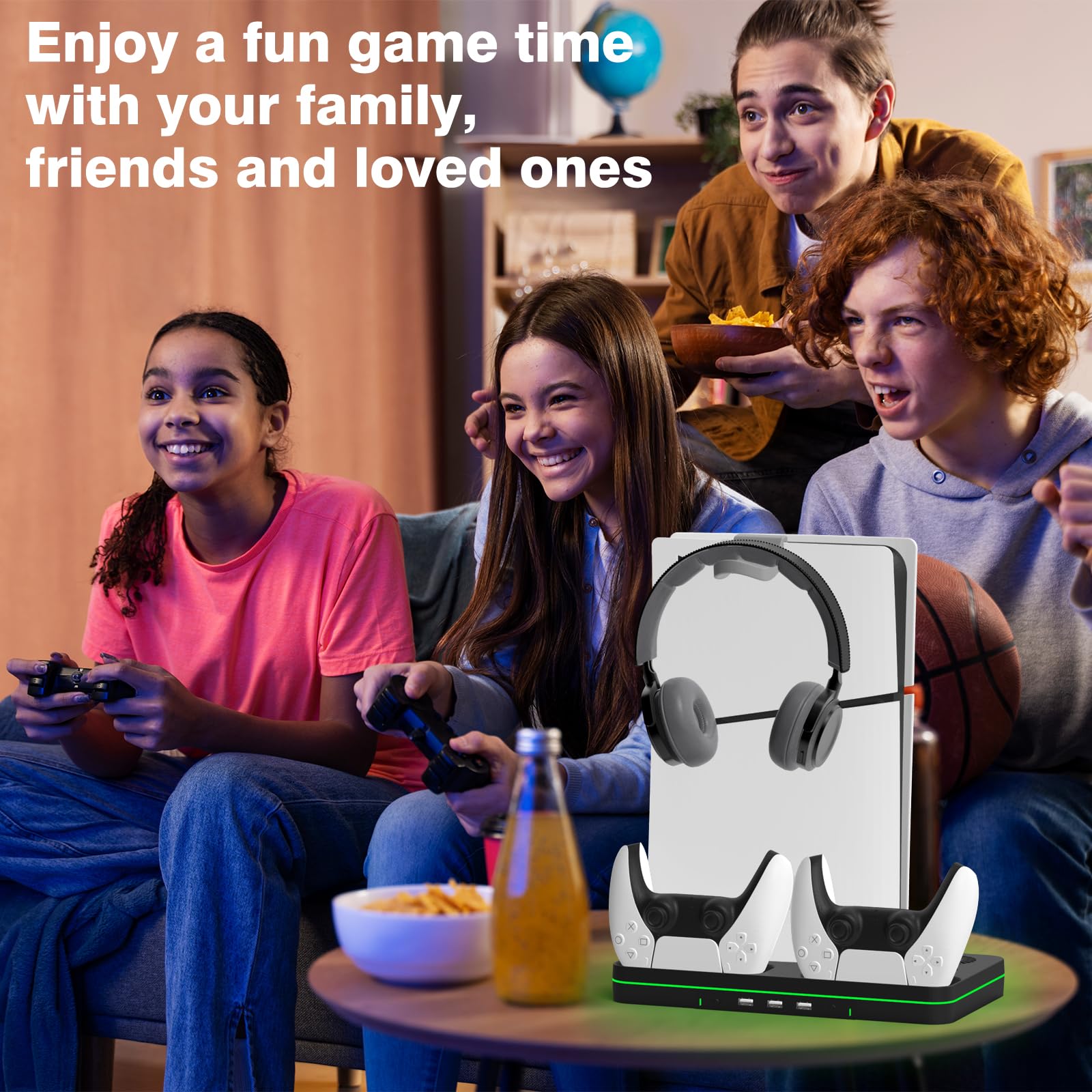 PS5 Slim Konsole Kühlstation, PS5 Slim (Disc & Digital Editions) Ständer Zubehör mit 2 Kühlventilatoren und 2 Controller-Ladestation, PlayStation 5 Kühlständer mit RGB-Licht, Headset-Halterung, 3 USB