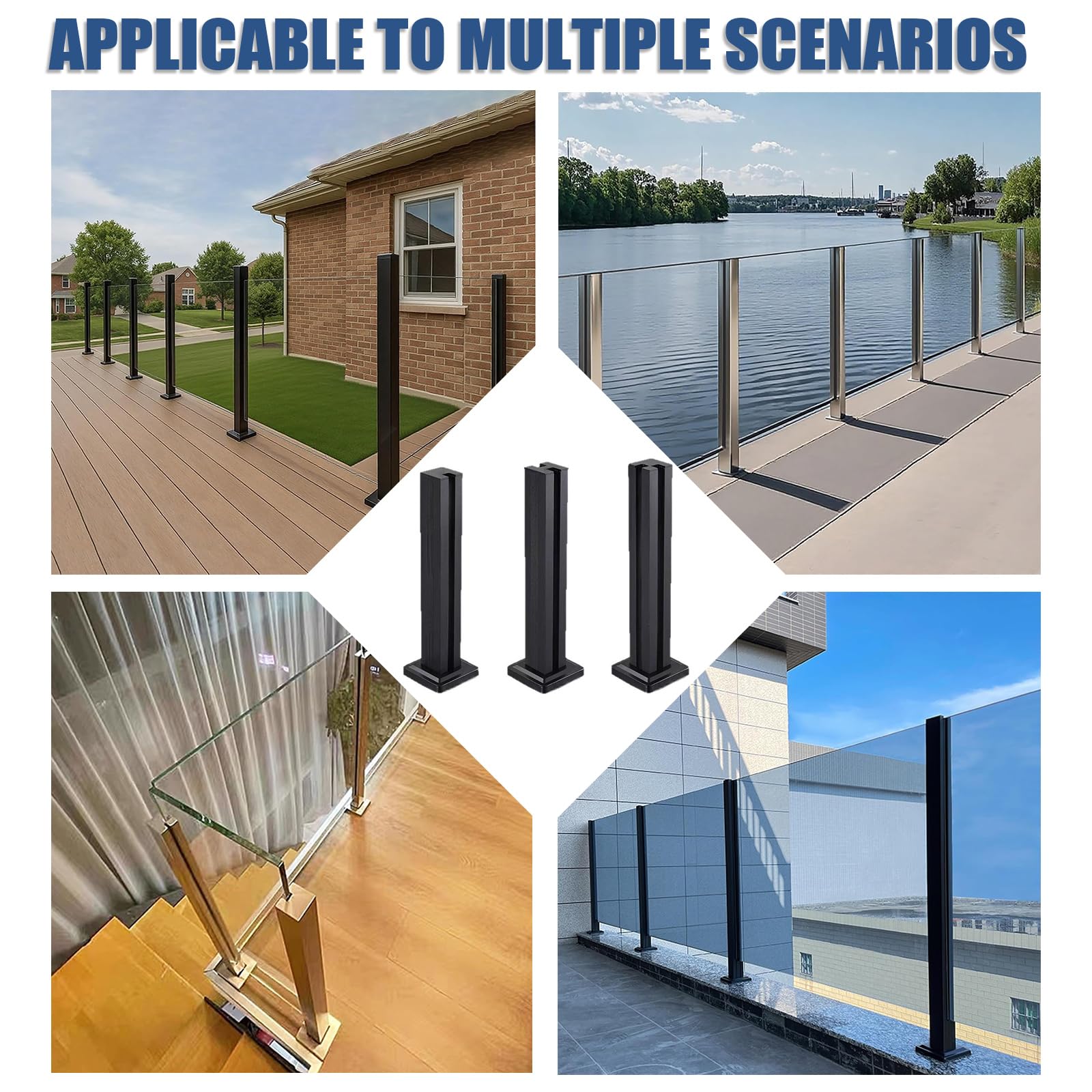 Sistema de Postes para barandillas de Vidrio 85/95/105 cm, Poste de balaustrada de Acero Inoxidable 304, Apto para barandillas de Interiores y Exteriores en terrazas,Black~End Post,95cm