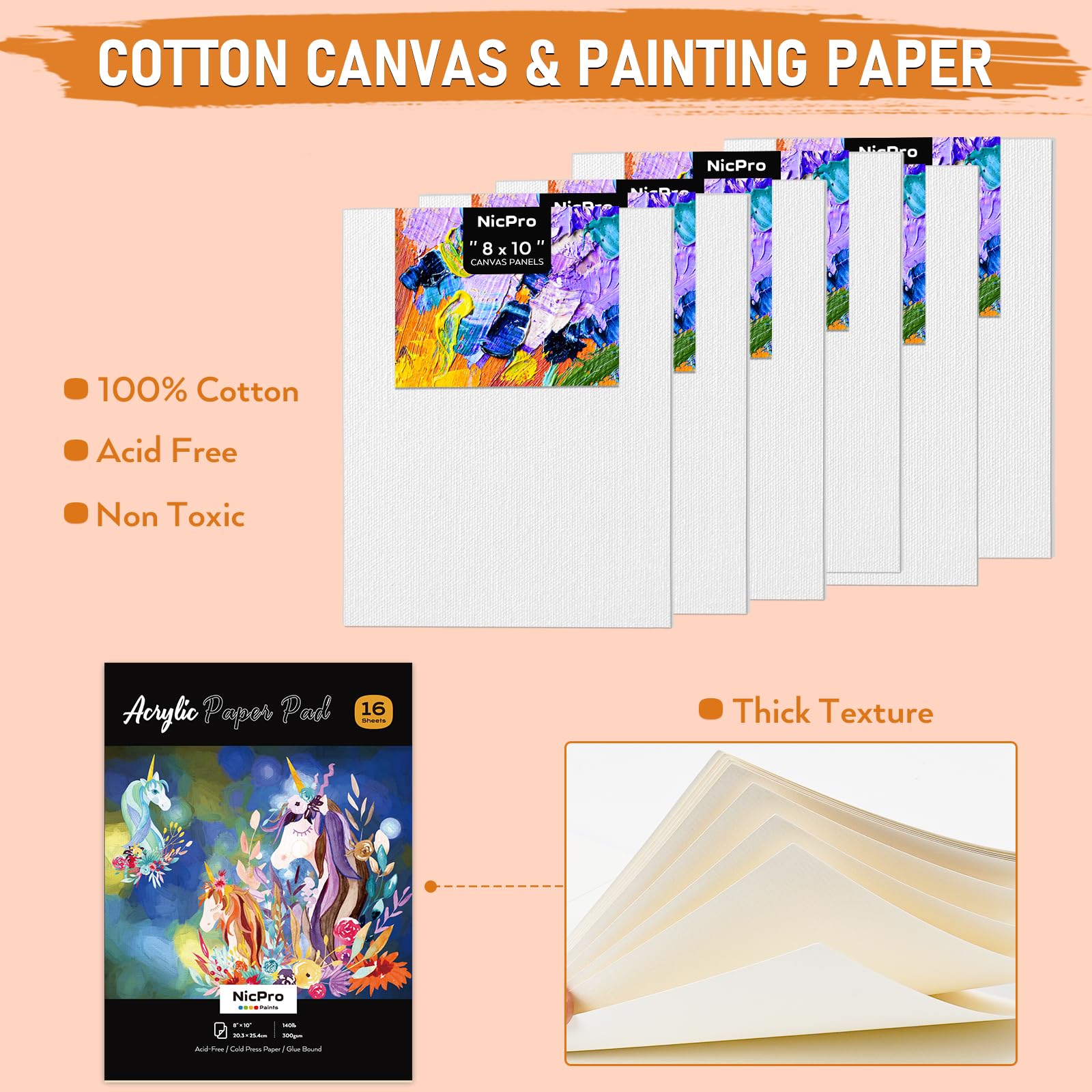 Nicpro 68 Pcs Kit De Peinture, Peinture Acrylique De 12ML X 24 Couleurs, Avec Chevalet De Table, 8 Plaques De Toile 12 Pinceaux, Tasse De Nettoyage, Éponge, Palette Pour Artiste Débutant