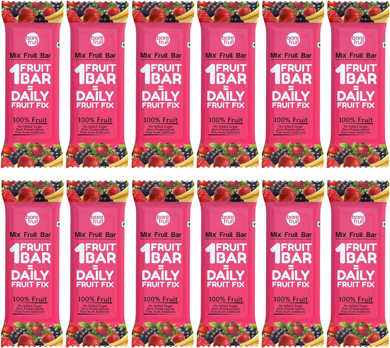 BAREFRUIT 100% Mix Fruit Bar | Healthy Breakfast Diet Energy Snacking Bar For Kids & Adults | Plant Based Protein & Fibre - Rich In Vitamin A, C | No Added Sugar, Zero Preservatives | Pack of 12 (300g)