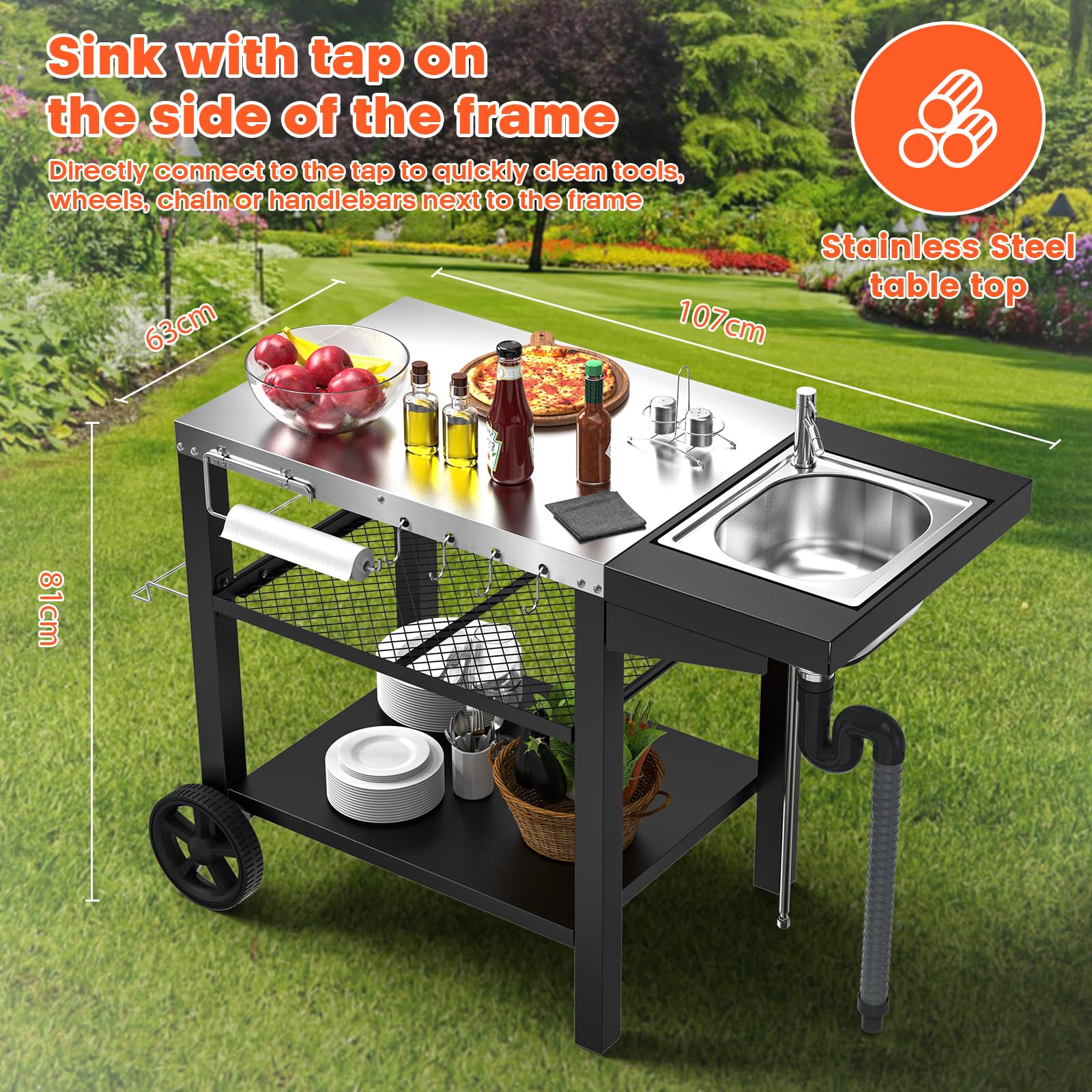 GFTIME Carrito de barbacoa de 107 x 63 x 81 cm, con fregadero de Woofire, para hornos de pizza, para barbacoas al aire libre, resistente a la intemperie, para hornos de pizza, para Weber Q1000