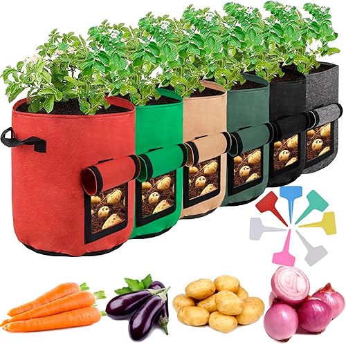 Paquete de 6 bolsas de cultivo de 10 galones con etiquetas para plantas, macetas de tela no tejida de aireación gruesa resistente con asas duraderas