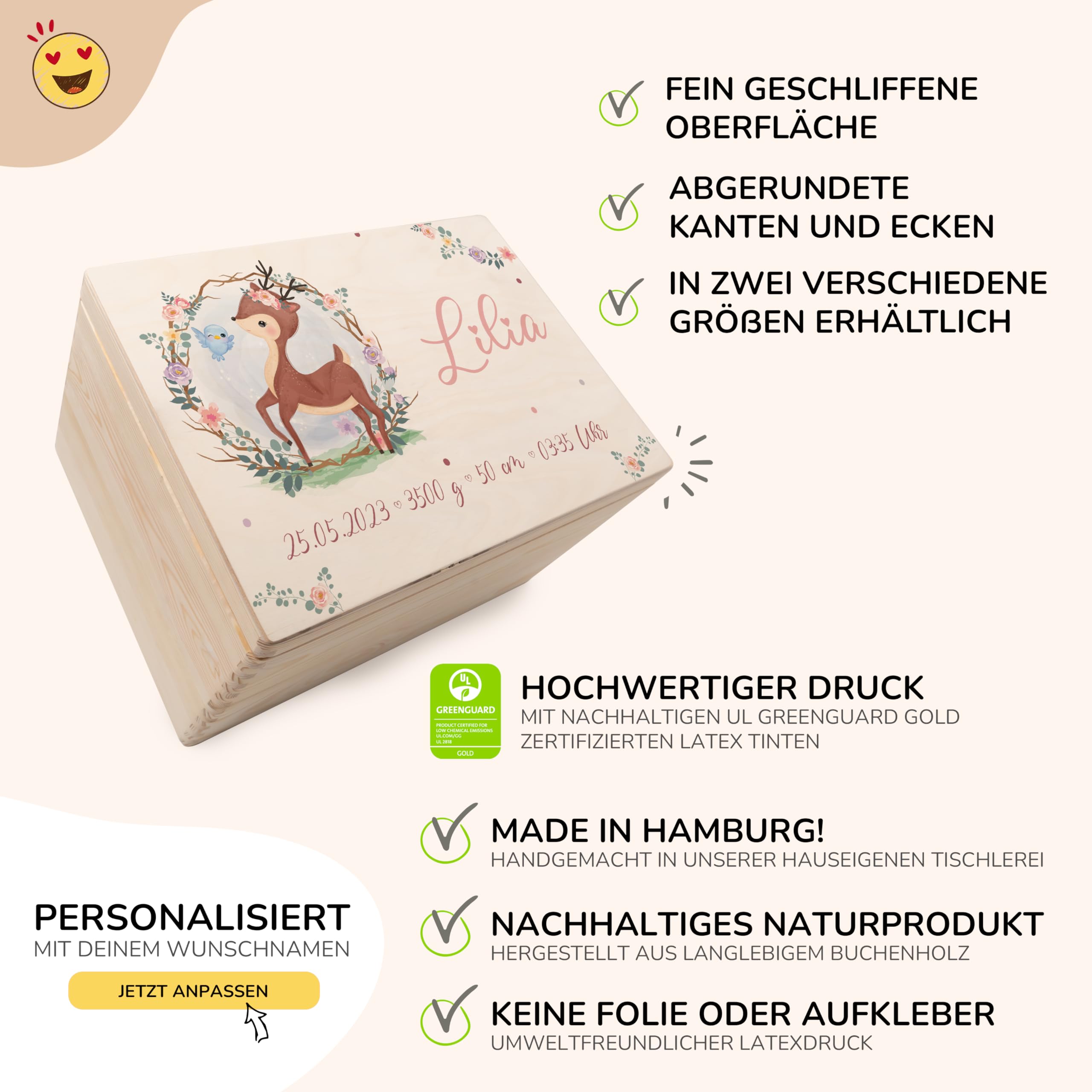 KIDSMOOD - Erinnerungsbox Baby, personalisierte Holzkiste mit Deckel, Ideal zur Aufbewahrung von Erinnerungen und als Geschenk zur Geburt, Taufe oder als Geburtstagsgeschenk für Mädchen und Jungen