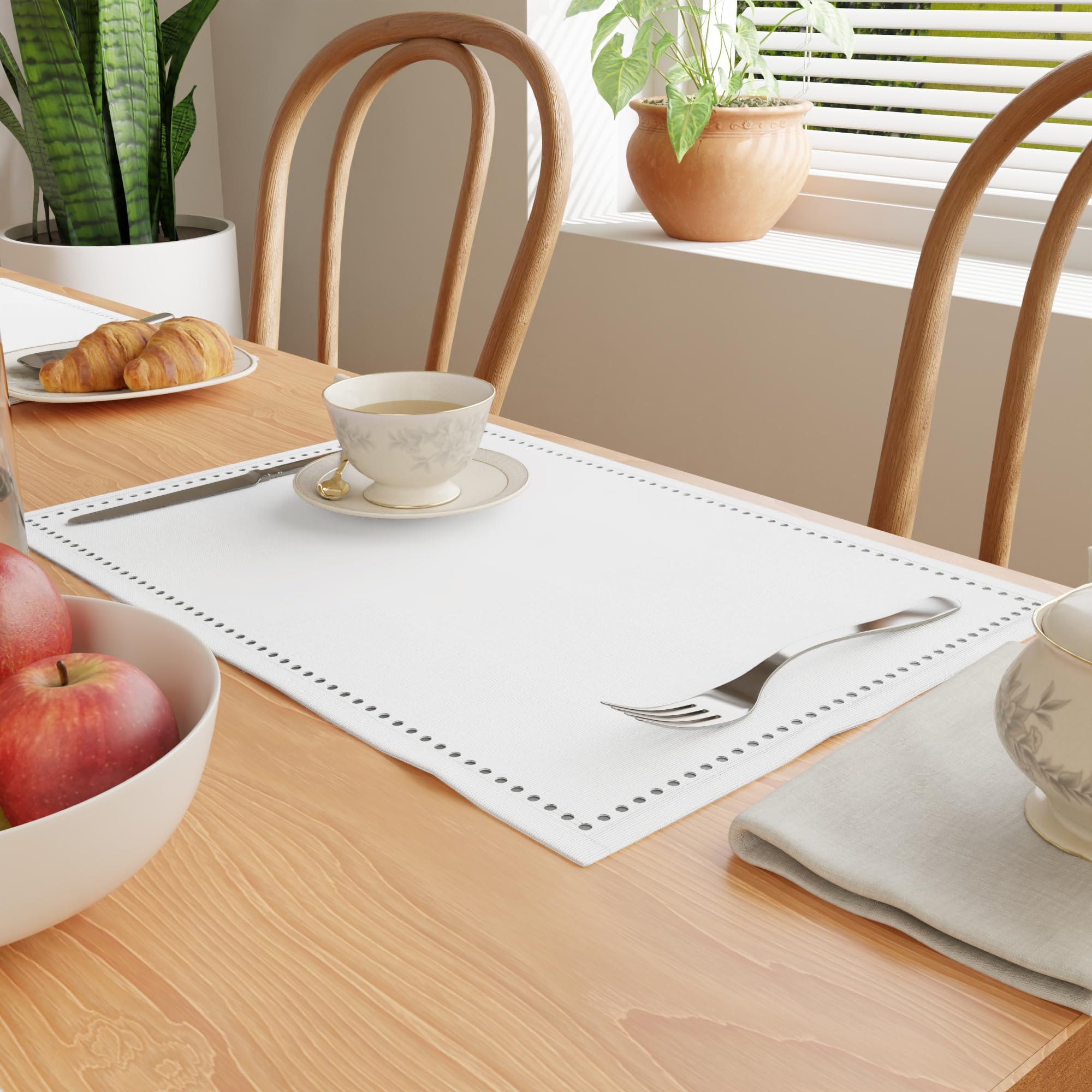 Encasa XO Placemats Set of 4 | Cotton Hemstitched Design | White | Rectangular 48x32 cm - Dining Table Mat | For Dining Table Fall Decoration, Holiday & Christmas Festivals - Machine Washable
