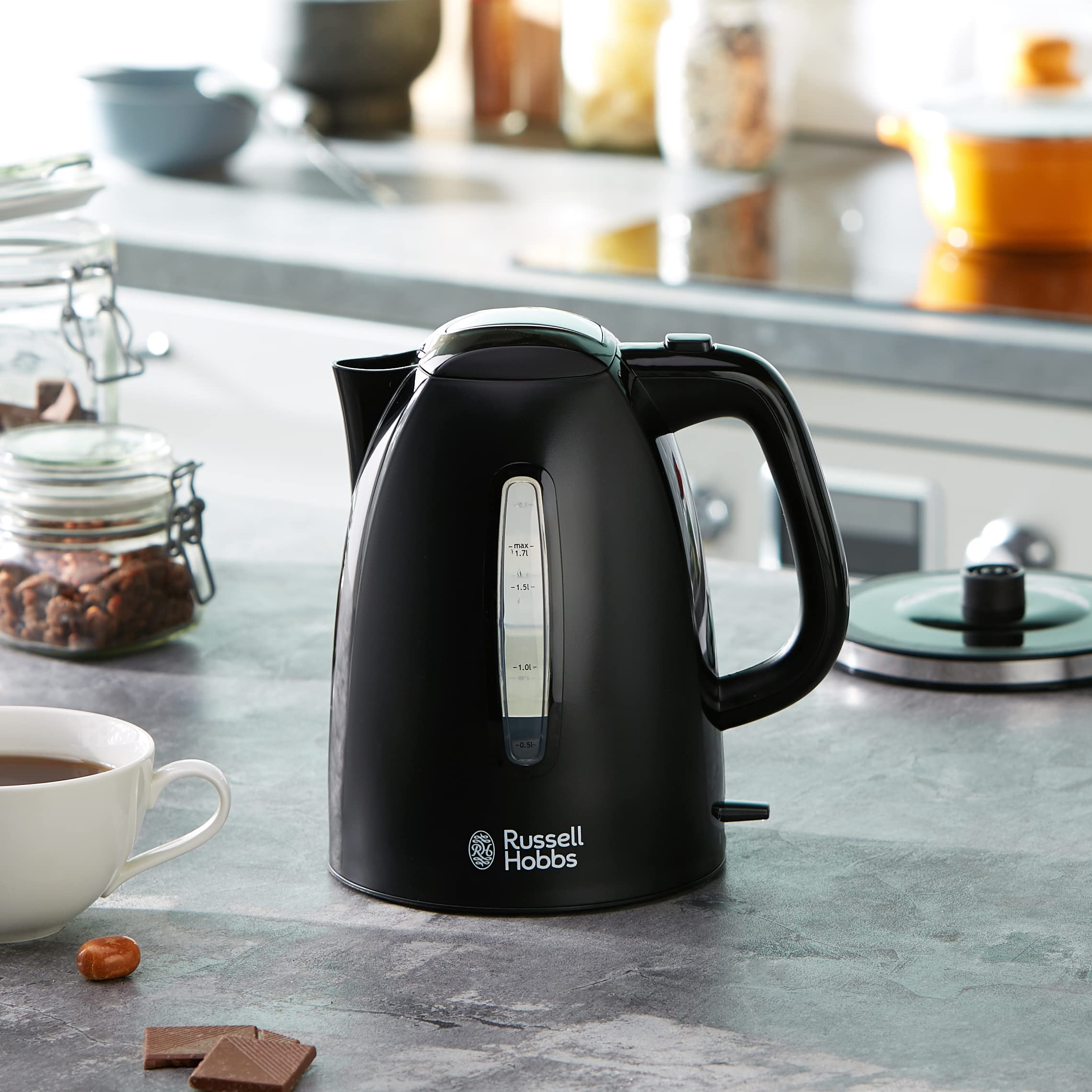 Russell Hobbs czajnik elektryczny, moc 2400W, 1.7L, strefy szybkiego gotowania, filtr antywapienny, kontroler strix, niebieskie podświetlenie, obrotowa podstawka, czarny mat, Textures Plus 22591-70