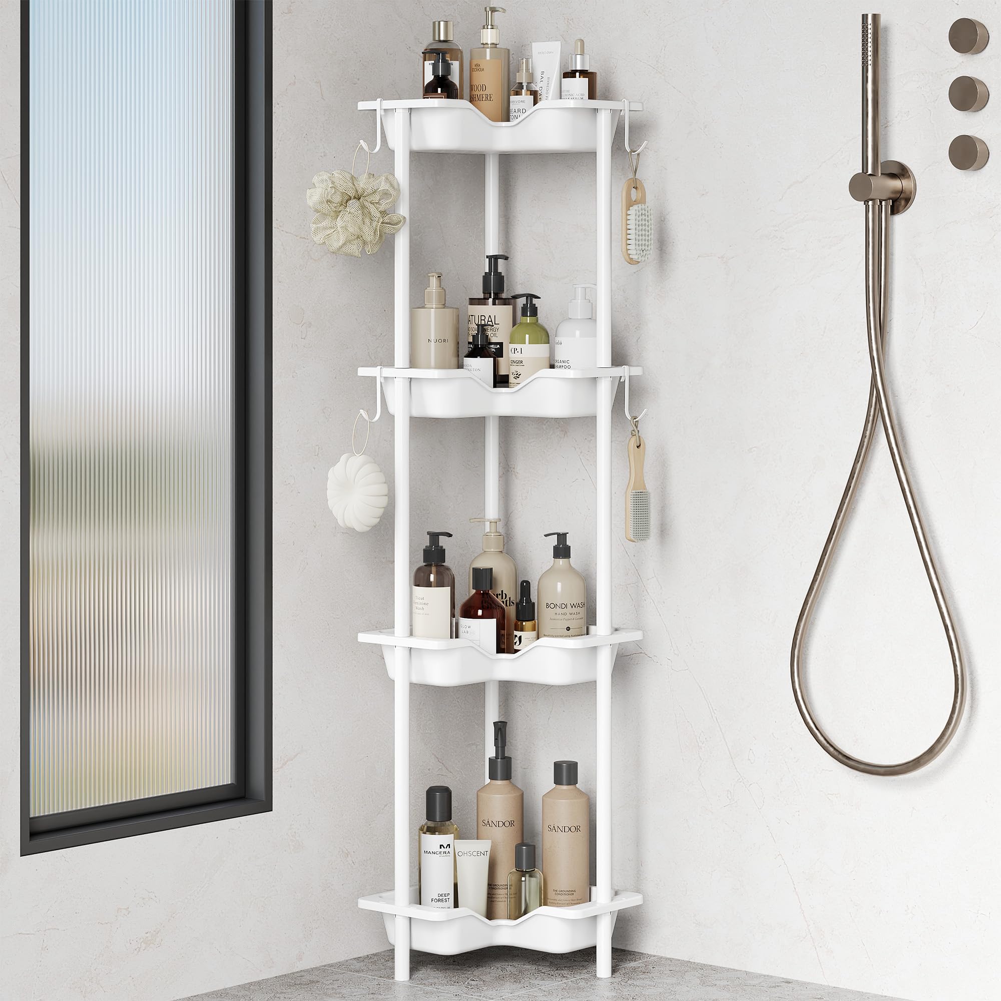 Orimade 4 Niveles Estanteria baño de Ducha de pie,Organizador de Esquina de Piso de Empalme de Metal plástico, Cesta Ducha sin taladrar para baño Blanco