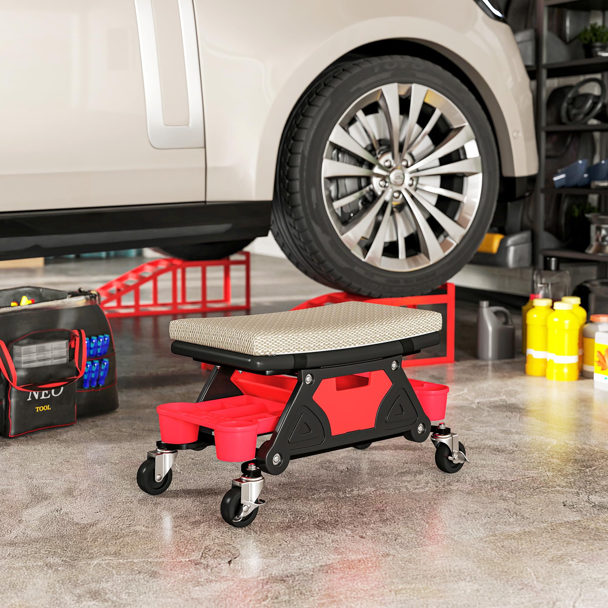 HOMCOM Werkstatthocker mit Rollen Ablagefläche Schublade 35cm hoch Rollhocker bis 135 kg belastbar Arbeitshocker Rollsitz Werkstattsitz für Werkstatt Grau