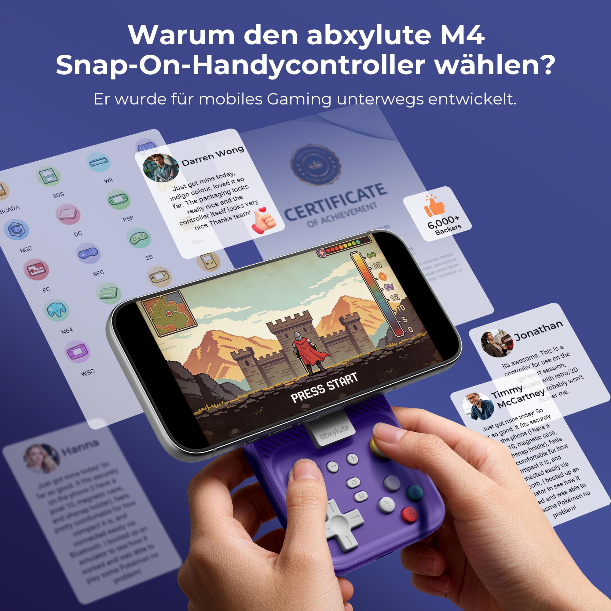 abxylute M4 Snap-On Mobile Gaming Controller für Android & iPhone, tragbarer Handy-Controller, Retro-Emulator-Gamepad mit Ständer, Dual-Joystick-Turbo, Magnet (blue)