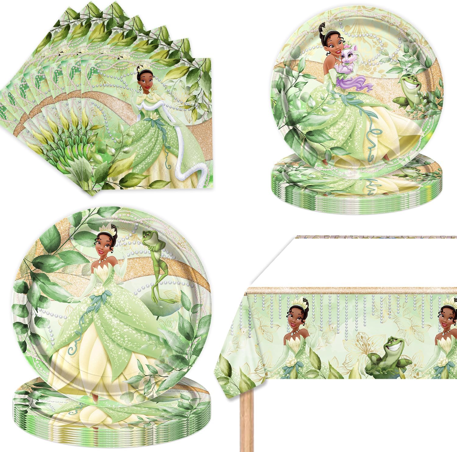 41Packs Birthday Decorations Include 20 Plates, 20 Napkins and 1 Tablecover for Birthday Party Supplies (Tiana)