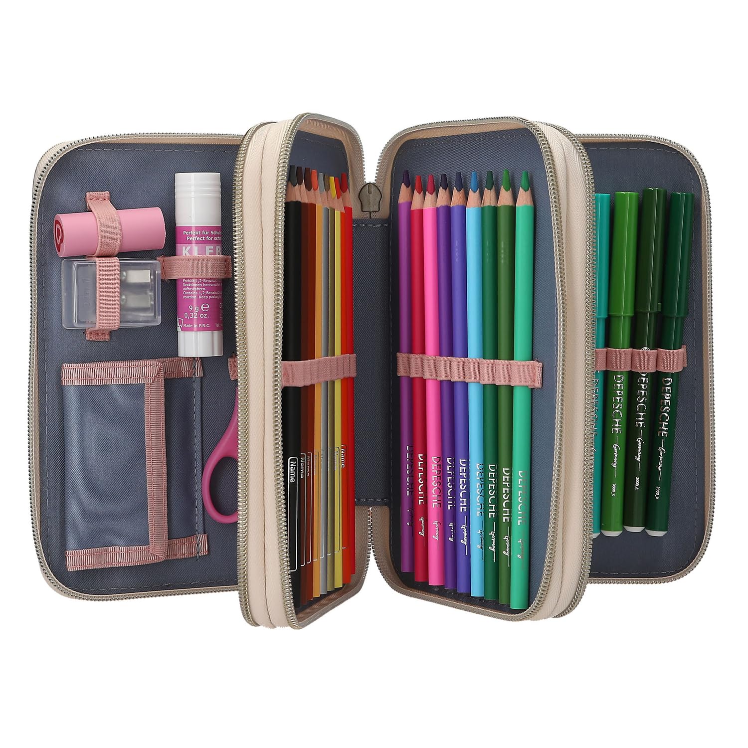 Depesche 13341 Miss Melody Poppy Sand - Trousse à Crayons 3 Compartiments remplie en Beige, avec Motif de Chevaux et de Coquelicots, Trousse à Crayons avec Crayons de Couleur et Bien Plus Encore