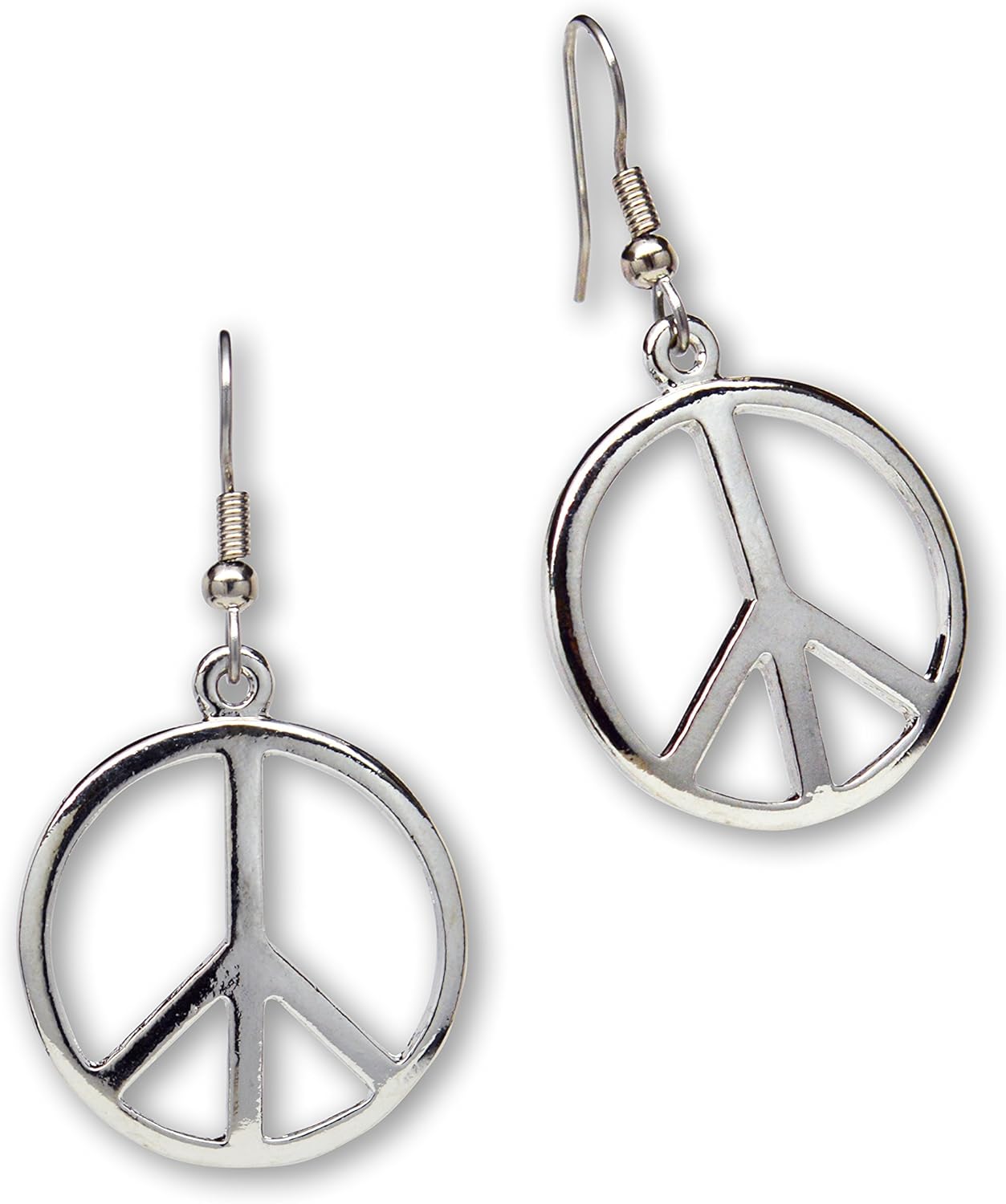 Hippie Peace Sign Dangle Earrings Polished Silver Finish Pewter