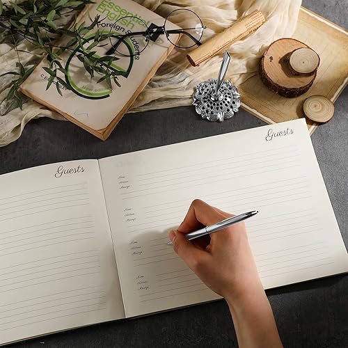 Miniatura 4 de Juego de libro de invitados de cuero y soporte para bolígrafos, 10.5 x 8 pulgadas, libro de registro de invitados en relieve para funeral, recepción