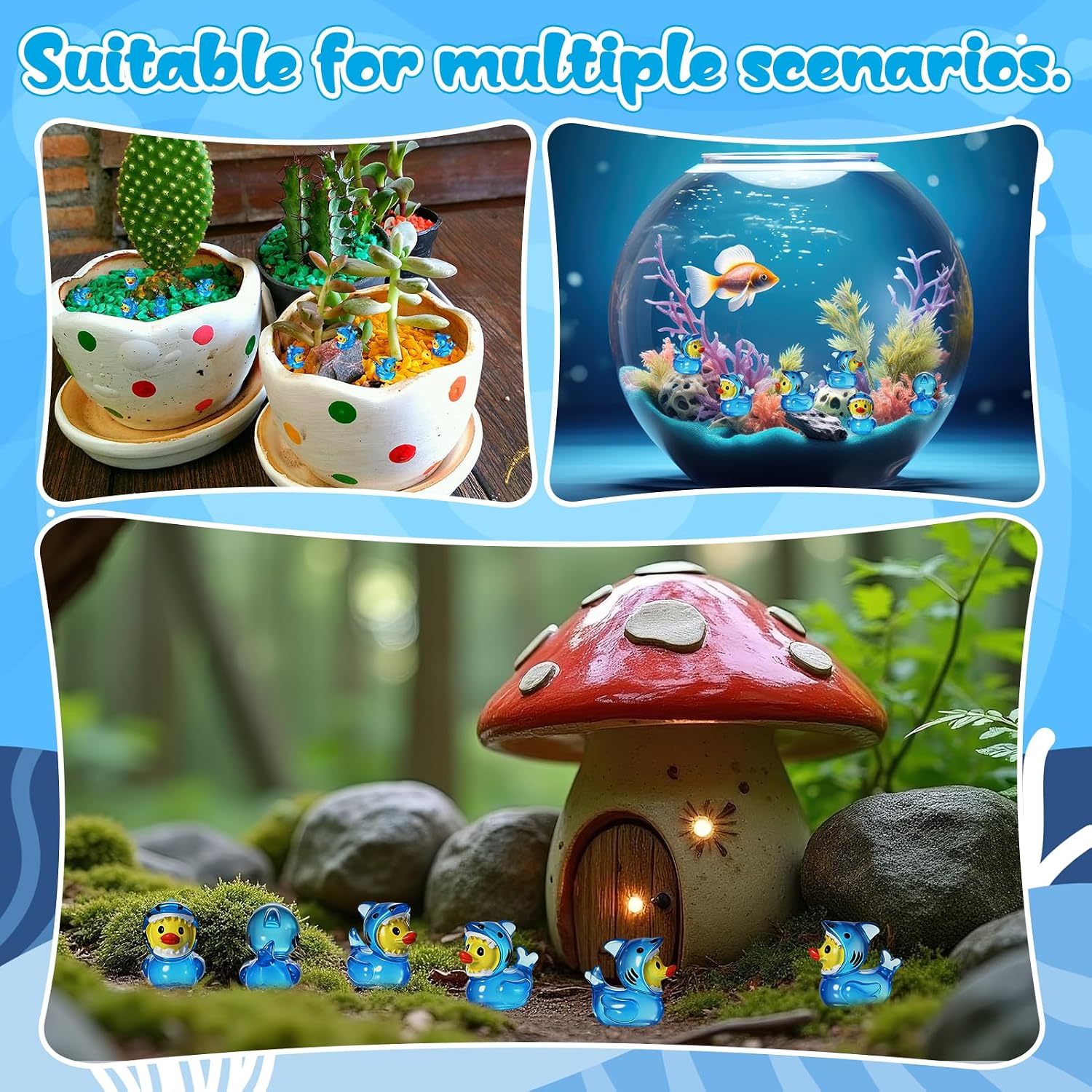 30 Pcs Mini Glow Resin Ducks Shark Themed Figures Blue Decor image 3