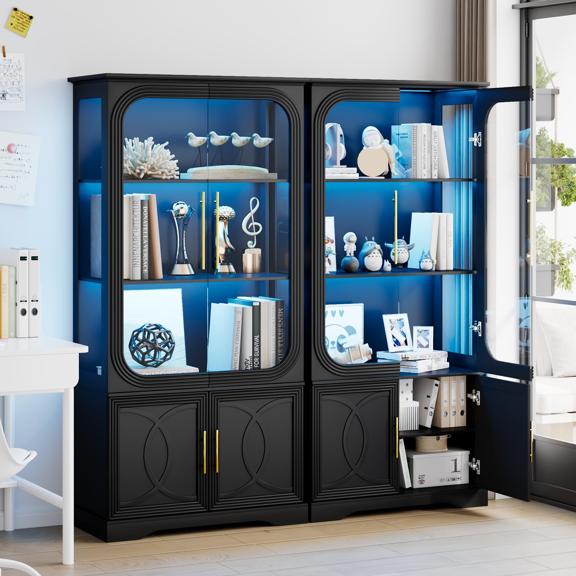 2pc Wood Display Cabinet with LED Lights