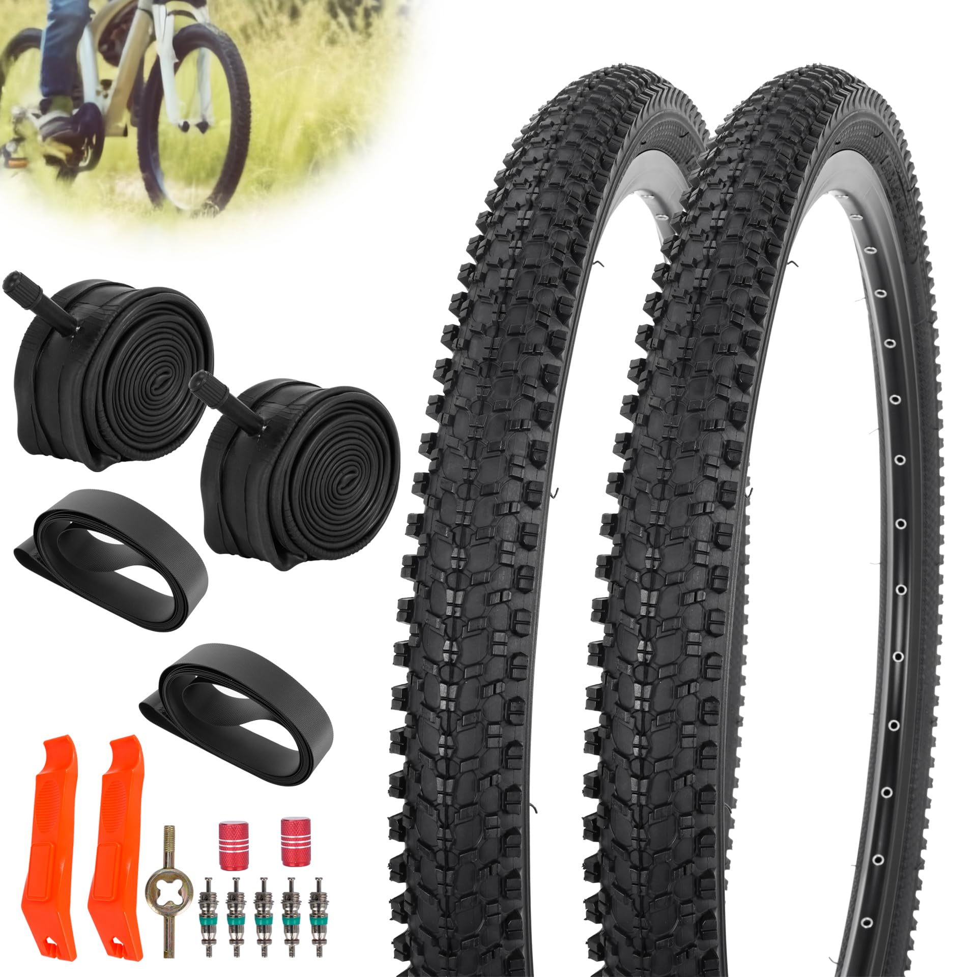 JIAYAN 24x1.95 Mountain Bike Tire and Inner Tube,24'' Folding Replacement Bicycle Tires with Tire Levers and Liners(2 Packs)