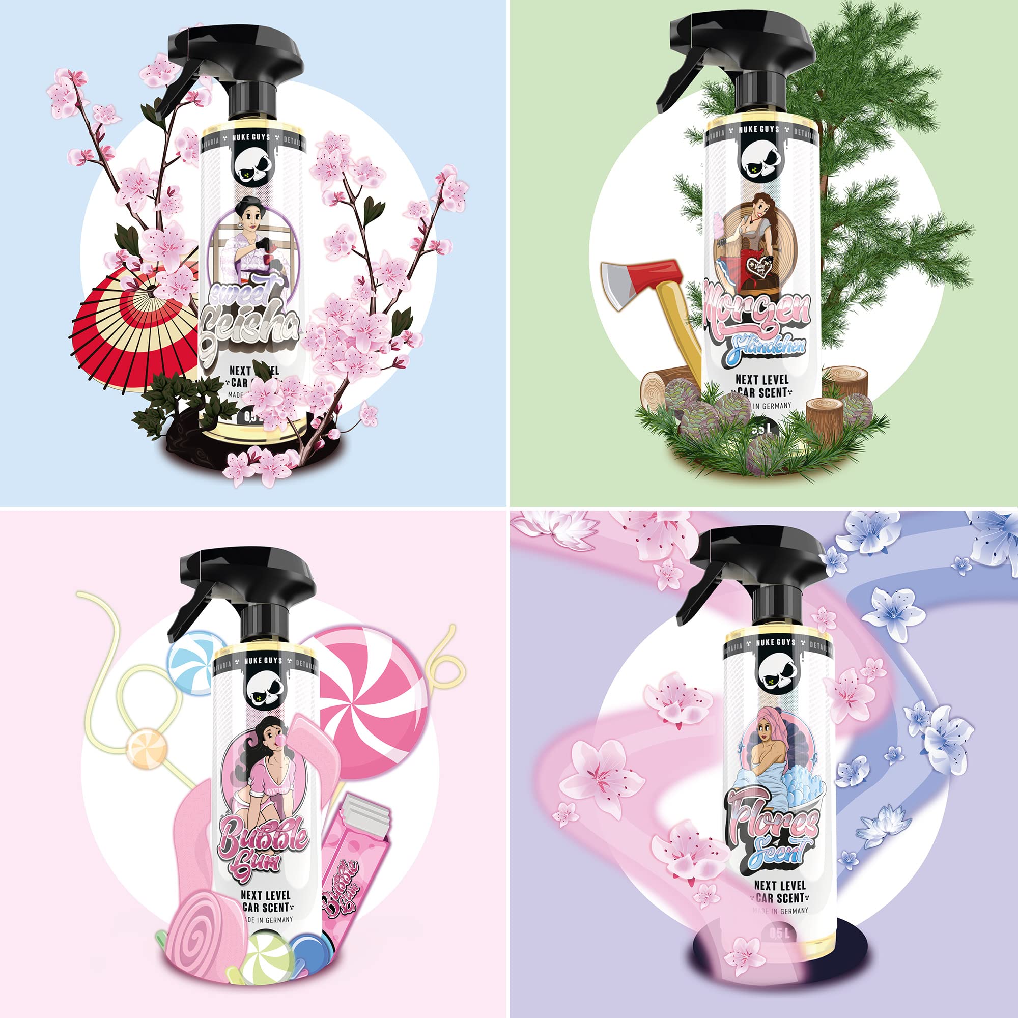 Nuke Guys Car Scents Set | 4 x 500 ml Auto Aroma Spray Perfume | 1x Sweet Geisha 1x Bubblegum 1x Morgenständchen 1x Flores Scent - Práctico ambientador | agradable aroma para coche para el interior