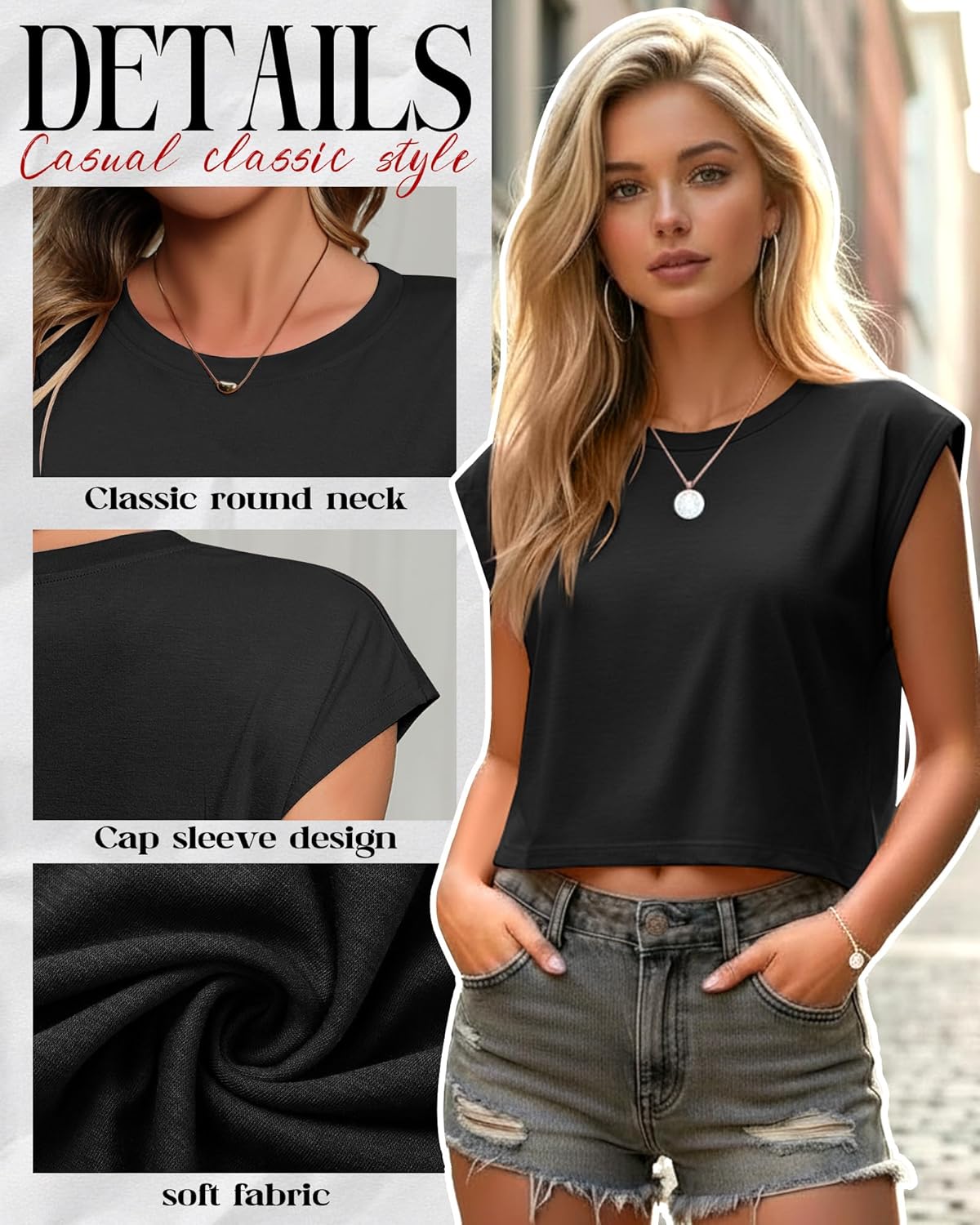 3 Pack Women's Cap Sleeve Crop T-Shirts Tank Tops Crew Neck Loose Fit Summer Casual Short Basic Tees - Image 4