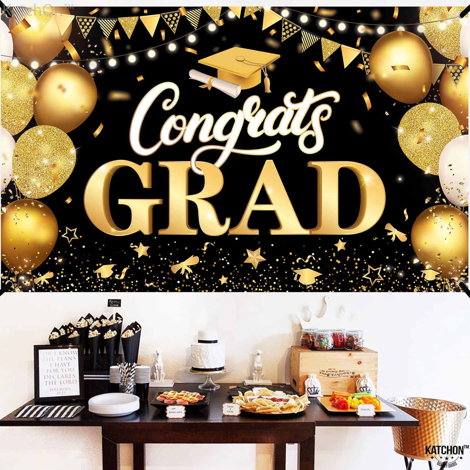 KatchOn, XtraLarge Congrats Grad Banner - 72x44 Inch, Congratulations Banner | Light Up Class of 2024 Sign - 8x5 Inch | Black and Gold Graduation Party Decorations | LED 2024 Light Up Numbers Sign
