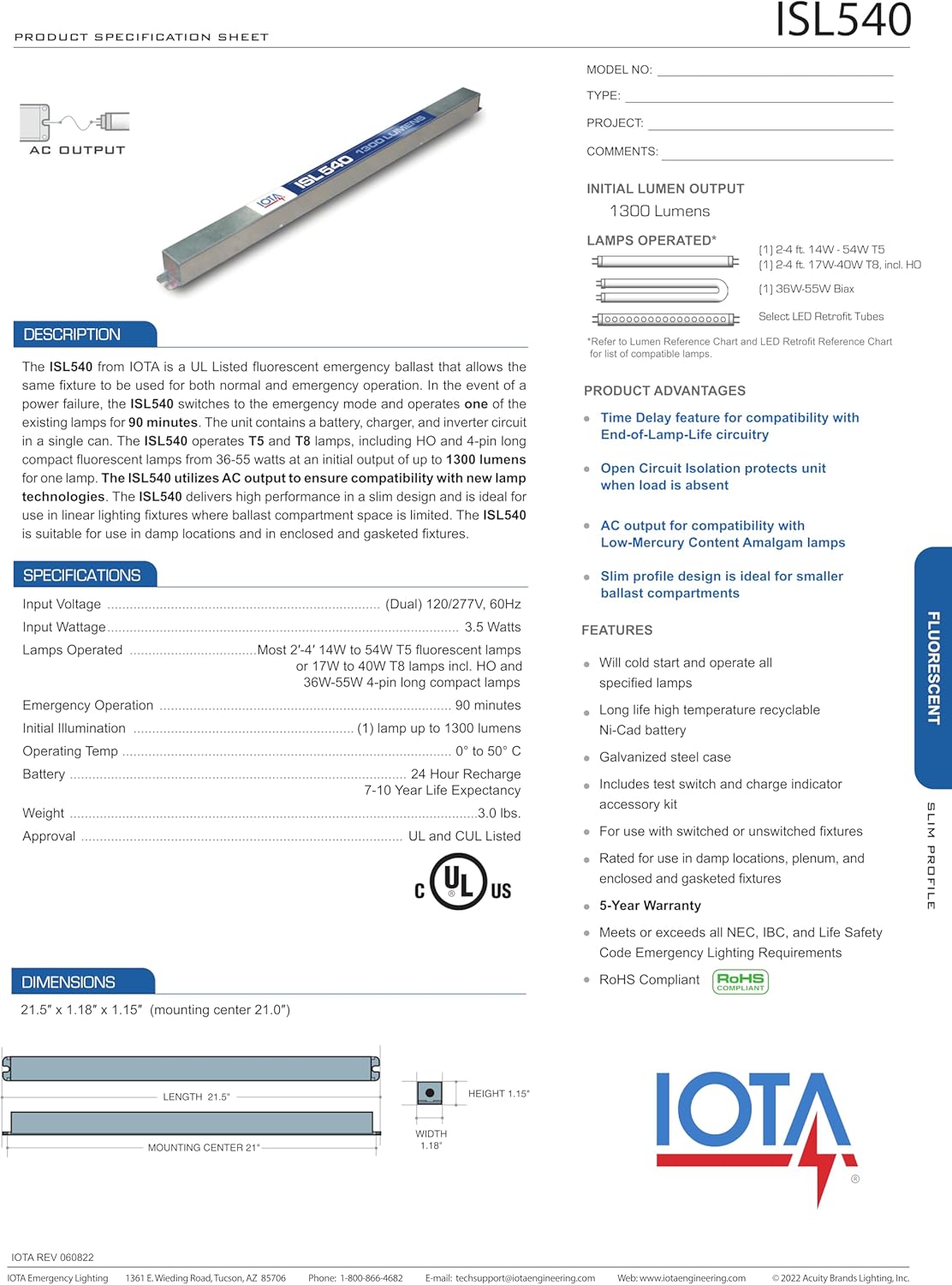 LLS ISL-540 IOTA (ISL540) Emergency Lighting Battery Pack Ballast - 1300lm