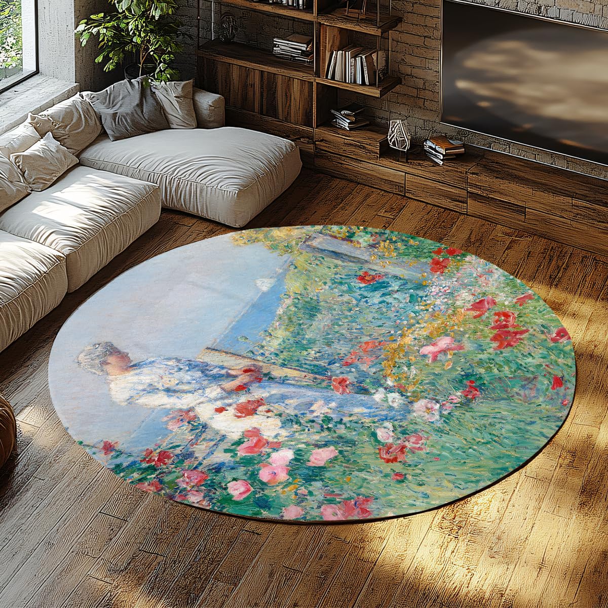 Peinture à l’Huile Style Rond Tapis 100cm dans Le Jardin Imprimer antidérapant pépinière intérieur Lavable Cercle Porte Tapis pour vestiaire Appartement Maison