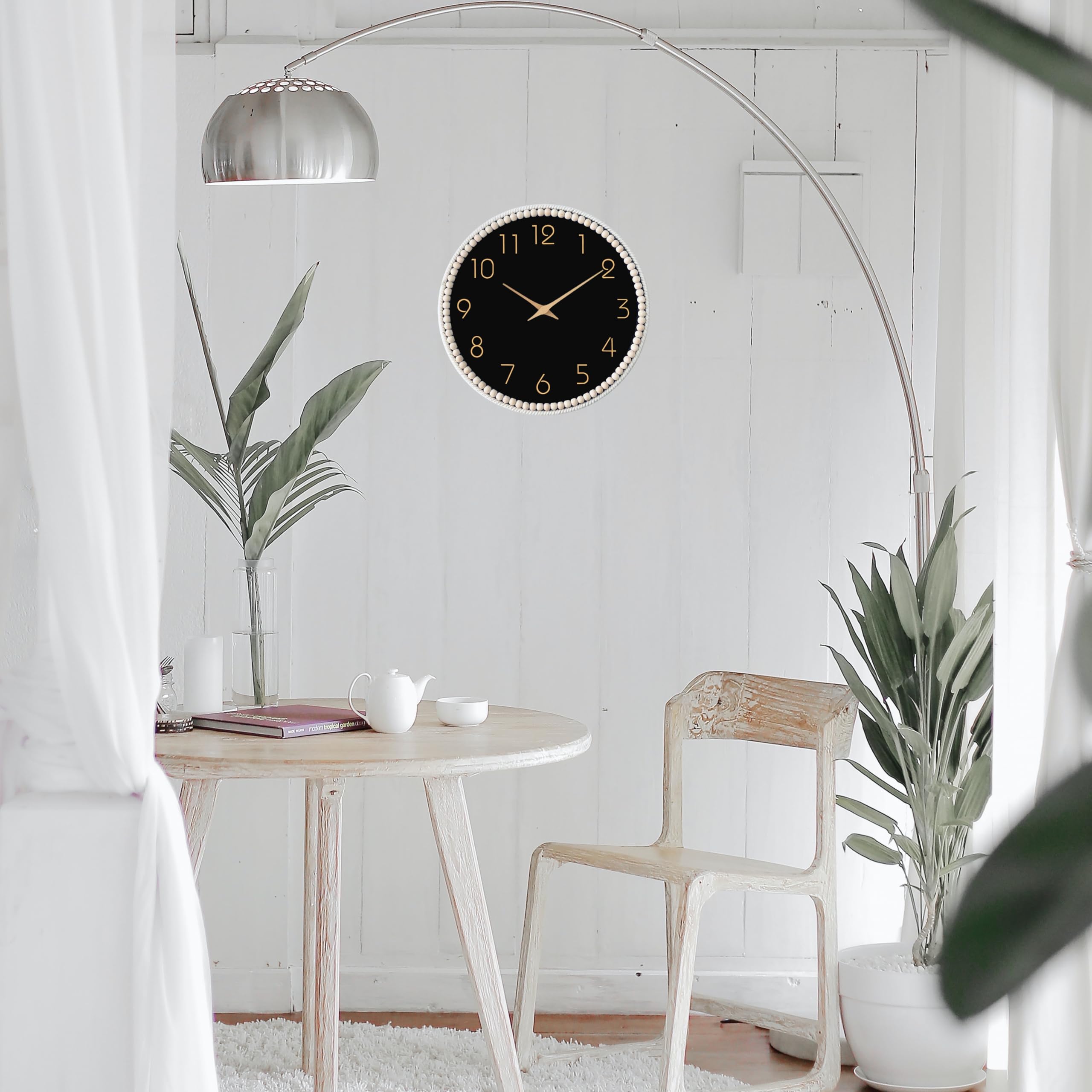 ALYBSOO Boho Wall Clock 13.2 inch, Chic Wall Clock Decor, Rustic Wooden Bead Silent Wall Decorative Clock for Housewarming Gift (Black)