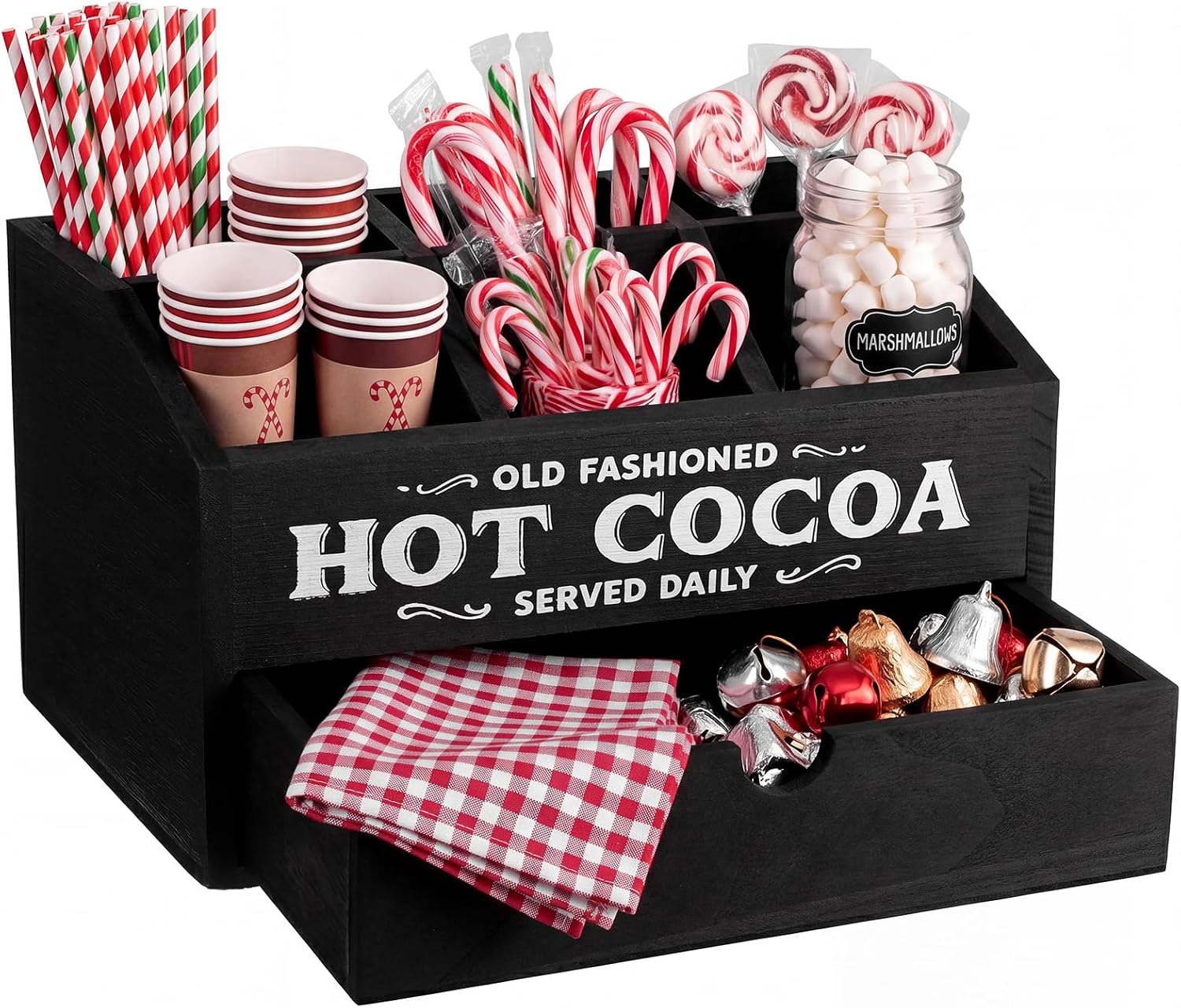 Bucherry Christmas Hot Cocoa Coffee Station Organizer Caddy for Countertop Compartments Coffee Bar Organizers Farmhouse Tea Condiment Station Storage for Office Kitchen Breakroom Home(5 Compartments)