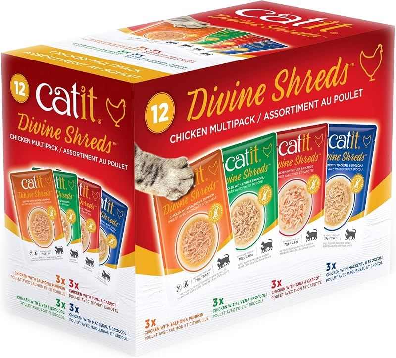Sachês para Gatos Catit Divine Shreds com Frango e Caldo, Pacote com 12