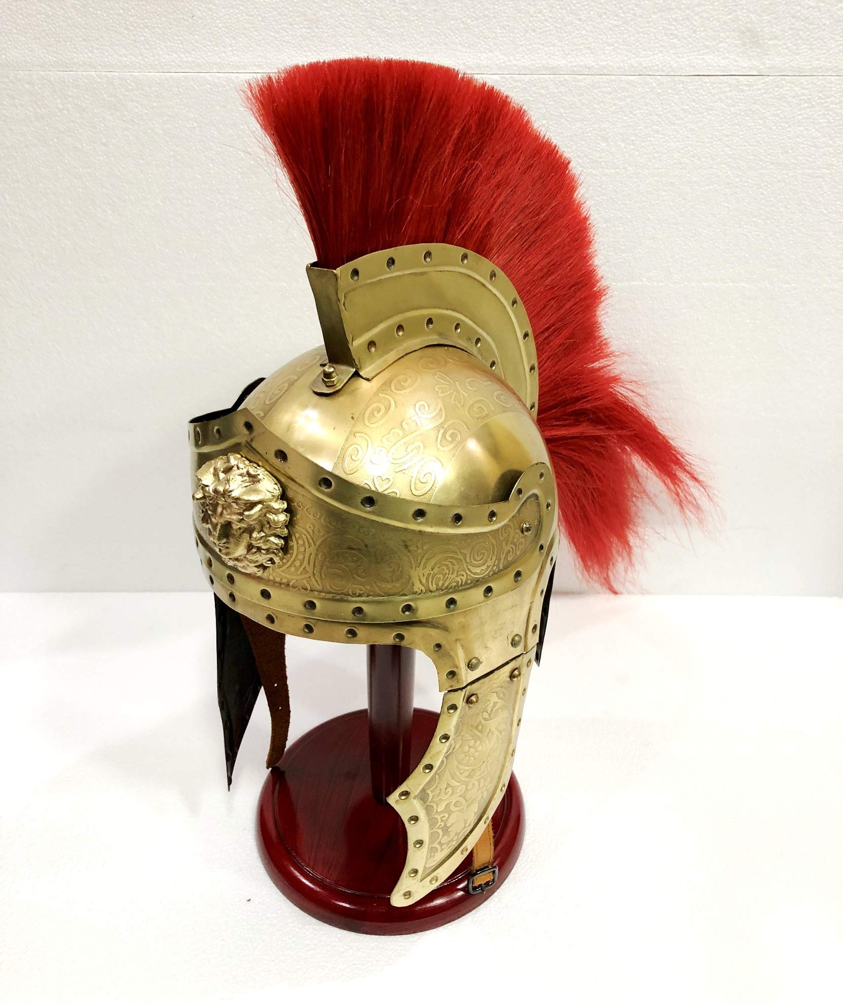 Antique Casque médiéval romain Centurion vintage armure rouge crête plume spartiates avec support en bois