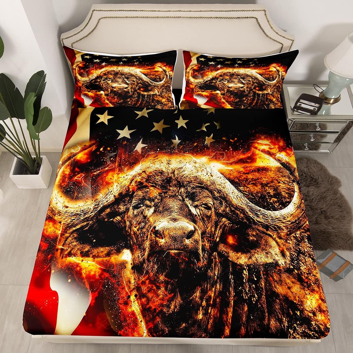 Juego de sábanas bajeras con bandera americana para niños, niñas, mujeres, hombres, dormitorio, safari, funda de cama de toro, tamaño doble, 3 unidades