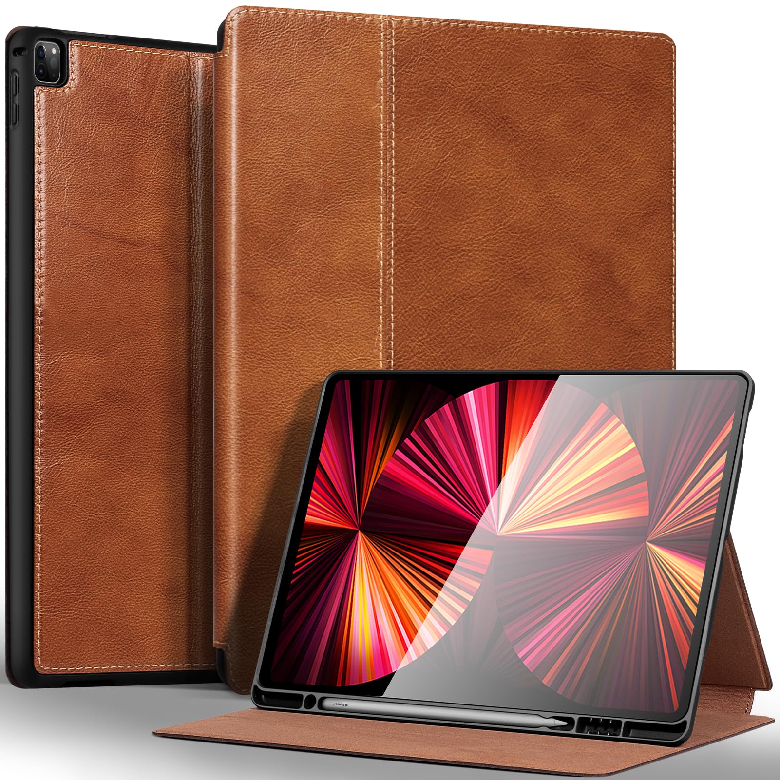 Gexmil Leather Case for iPad Pro 12.9 Inch, 2nd/1st Generation(2017/2015), Premium Leather Cover with Pencil Holder,Cowhide Folio Cover Auto Sleep/Wake,Anti-Fingerprint,Vegetable Tanned Brown